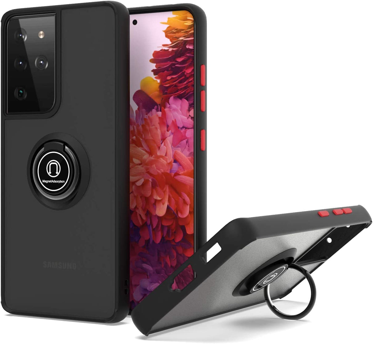 AWH Phone Case for Samsung Galaxy S21 Ultra 5G with Ring Holder Magnetic Kickstand, Clear Hard Phone Cover Shockproof Protective Case for Galaxy S21 Ultra, (Black)