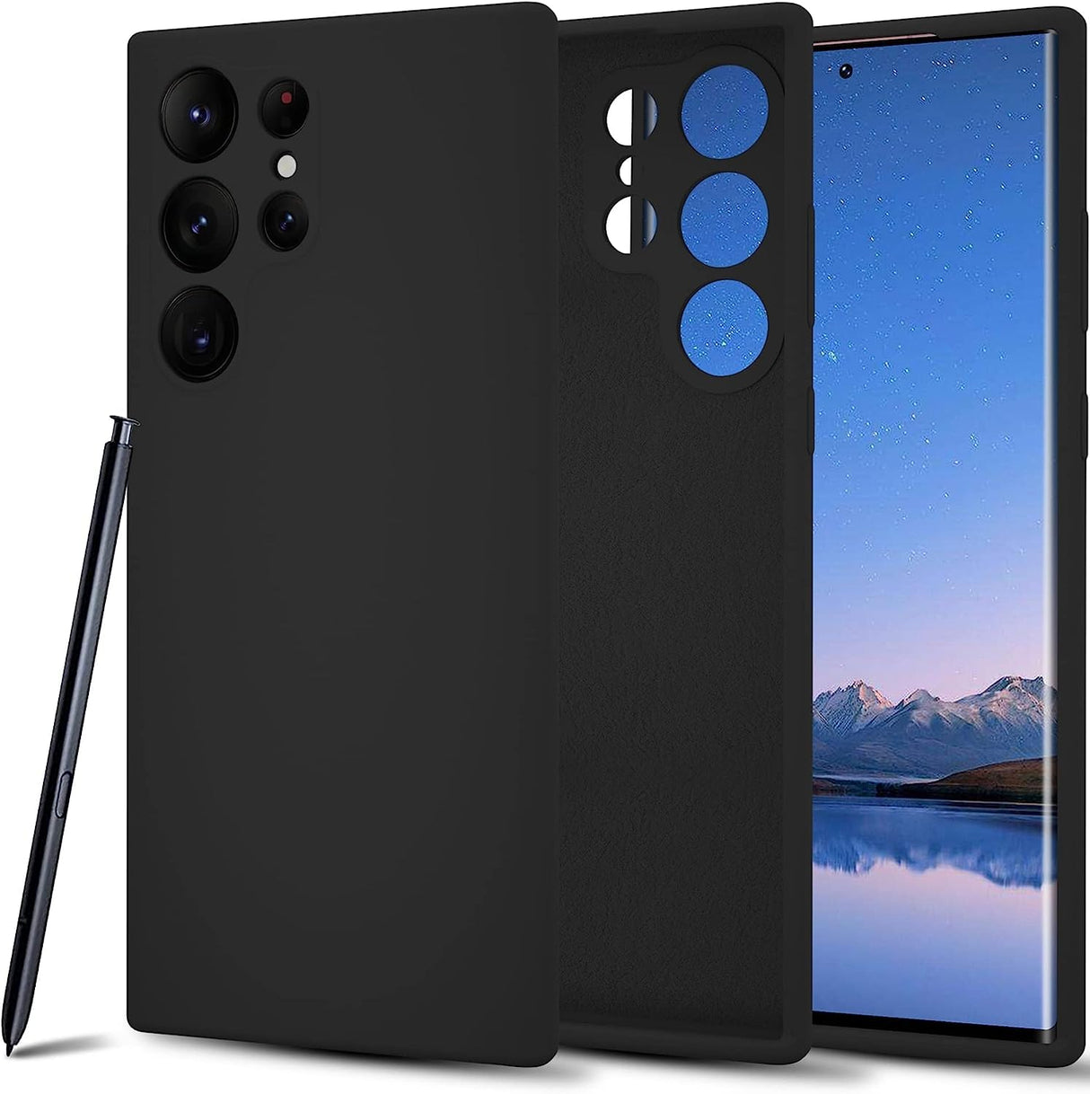 جراب AWH S23 Ultra Silicone - غطاء هاتف مقاوم للصدمات مصنوع من المطاط السائل الفاخر ذو الملمس الناعم، بتصميم نحيف، وحماية متطورة للكاميرا، وبطانة من الألياف الدقيقة (أسود)