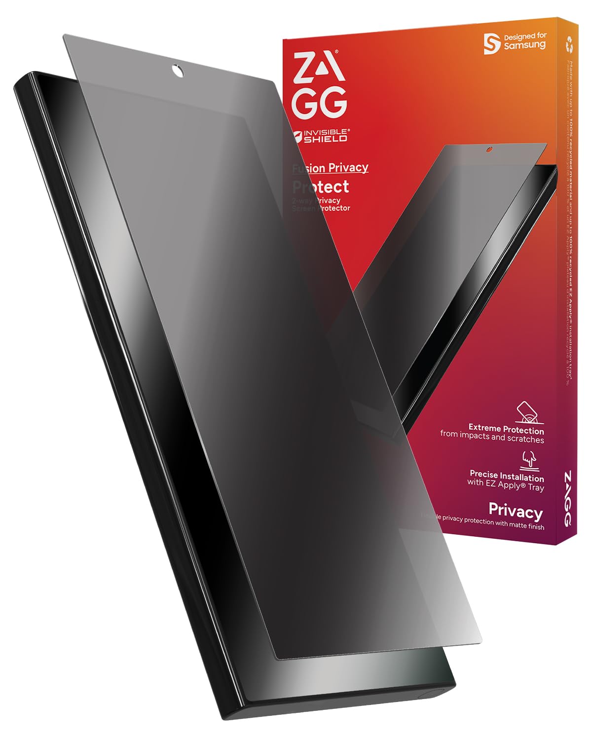 واقي شاشة ZAGG InvisibleShield Fusion Privacy Anti-Glare لهاتف Samsung Galaxy S24 Ultra - بوليمر هجين، فلتر خصوصية ثنائي الاتجاه، لمسة نهائية غير لامعة، مقاوم للخدش، صديق للبيئة