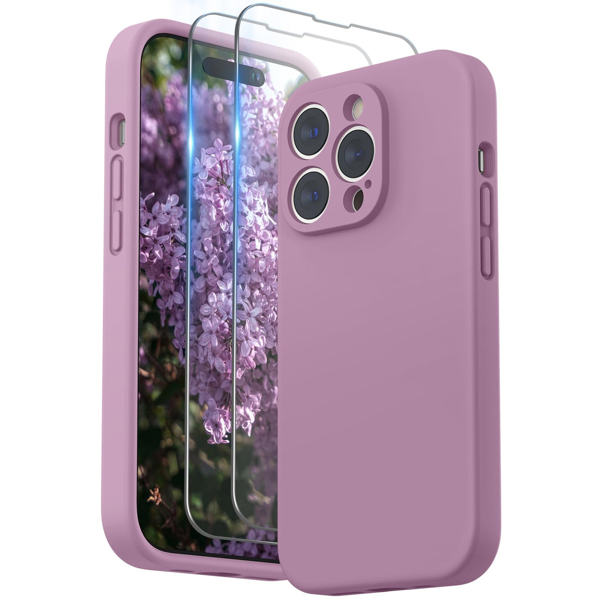 جراب SURPHY مصمم لهاتف iPhone 14 Pro مع واقي شاشة (حماية للكاميرا وبطانة ناعمة من الألياف الدقيقة) جراب هاتف من السيليكون السائل، أرجواني أرجواني