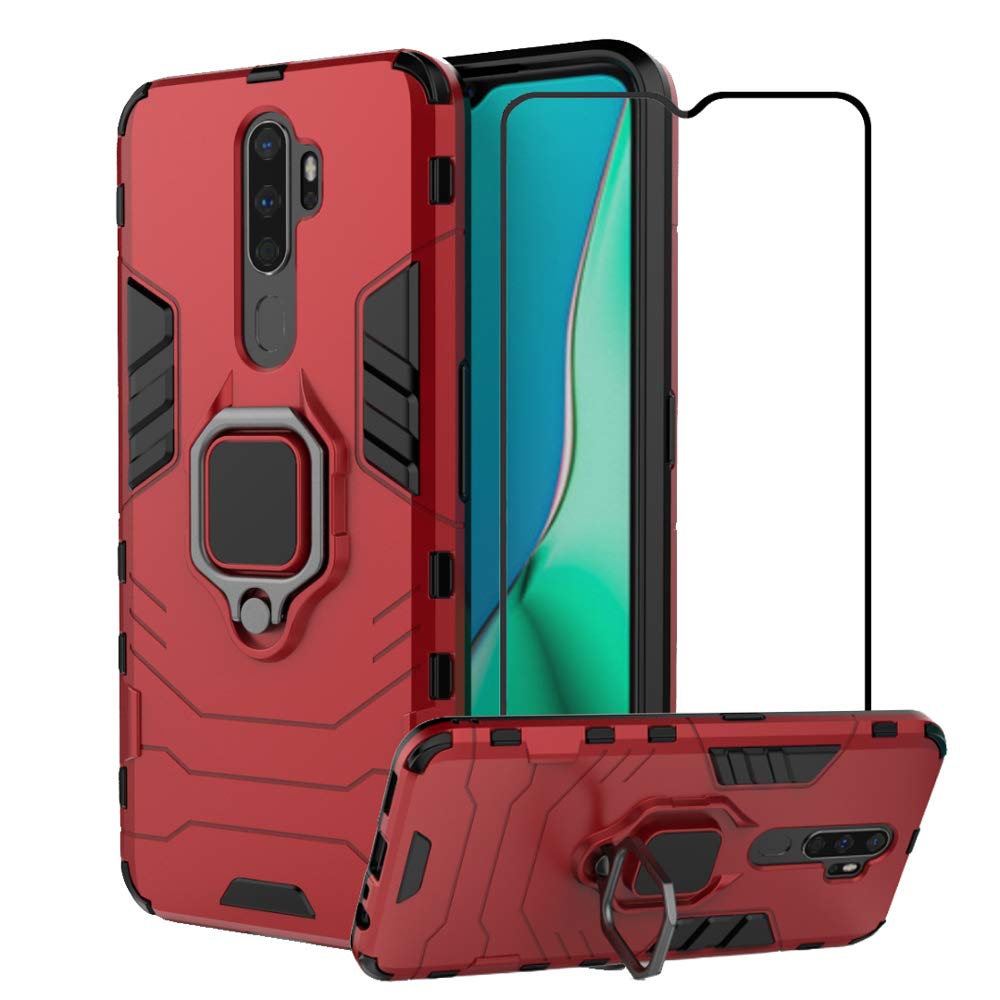 2ndSpring Case for OPPO A9 2020/A11X/A5 2020 with Tempered Glass Screen Protector,Hybrid Heavy Duty Protection Shockproof Defender Kickstand Armor Case Cover,Red