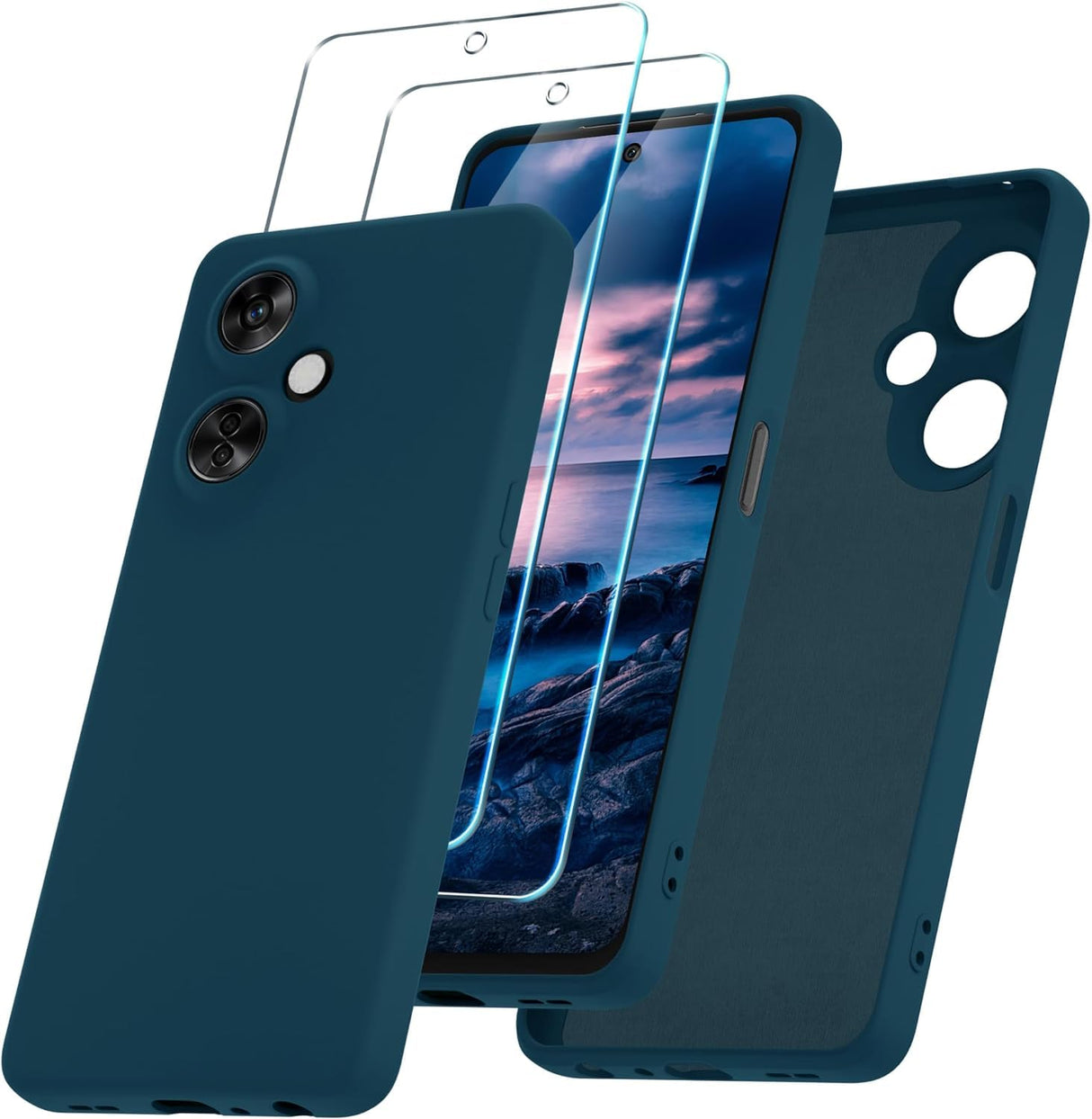 AWH OnePlus Nord N30 5G Case with 2-Pack Tempered Glass Screen Protector - Slim Liquid Silicone, Shockproof, and Protective Cover for Enhanced Device Safety (Navy Blue)
