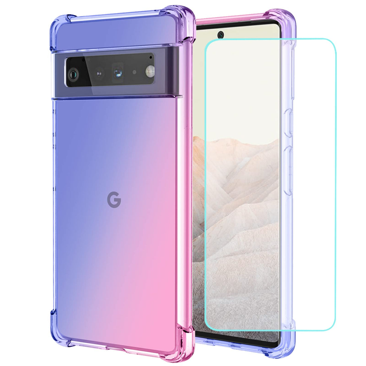جراب Vokuha لهاتف Google Pixel 6 مع واقي شاشة من الزجاج المقوى [عبوة من قطعتين]، غطاء خلفي لطيف شفاف متدرج رفيع مقاوم للصدمات ناعم ومرن من مادة TPU لهاتف Google Pixel 6 (أزرق/وردي)