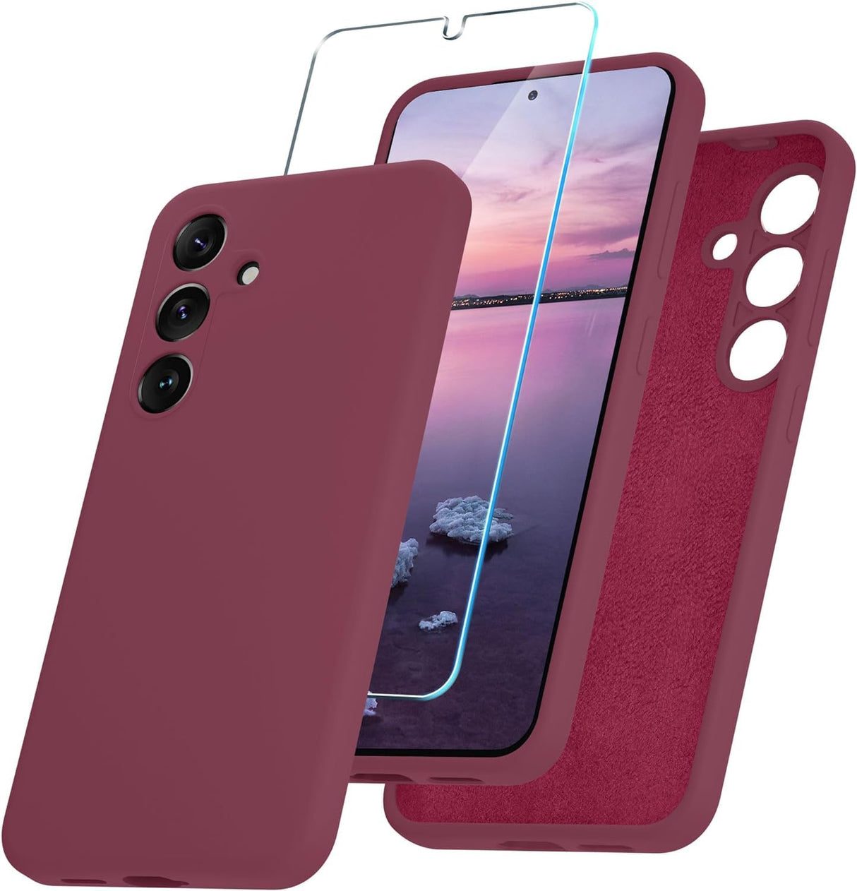 AWH Samsung Galaxy S24 Case - Silicone Phone Case with 1 Screen Protector - Soft Anti-Scratch Microfiber Lining, Full Body Shockproof Slim Cover Support Wireless Charging (Wine Red)