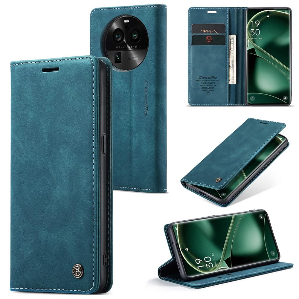 جراب هاتف UniqCase لهاتف Oppo Find X6 Pro من الجلد الصناعي ومحفظة مقاومة للصدمات مع حامل قابل للطي - أزرق