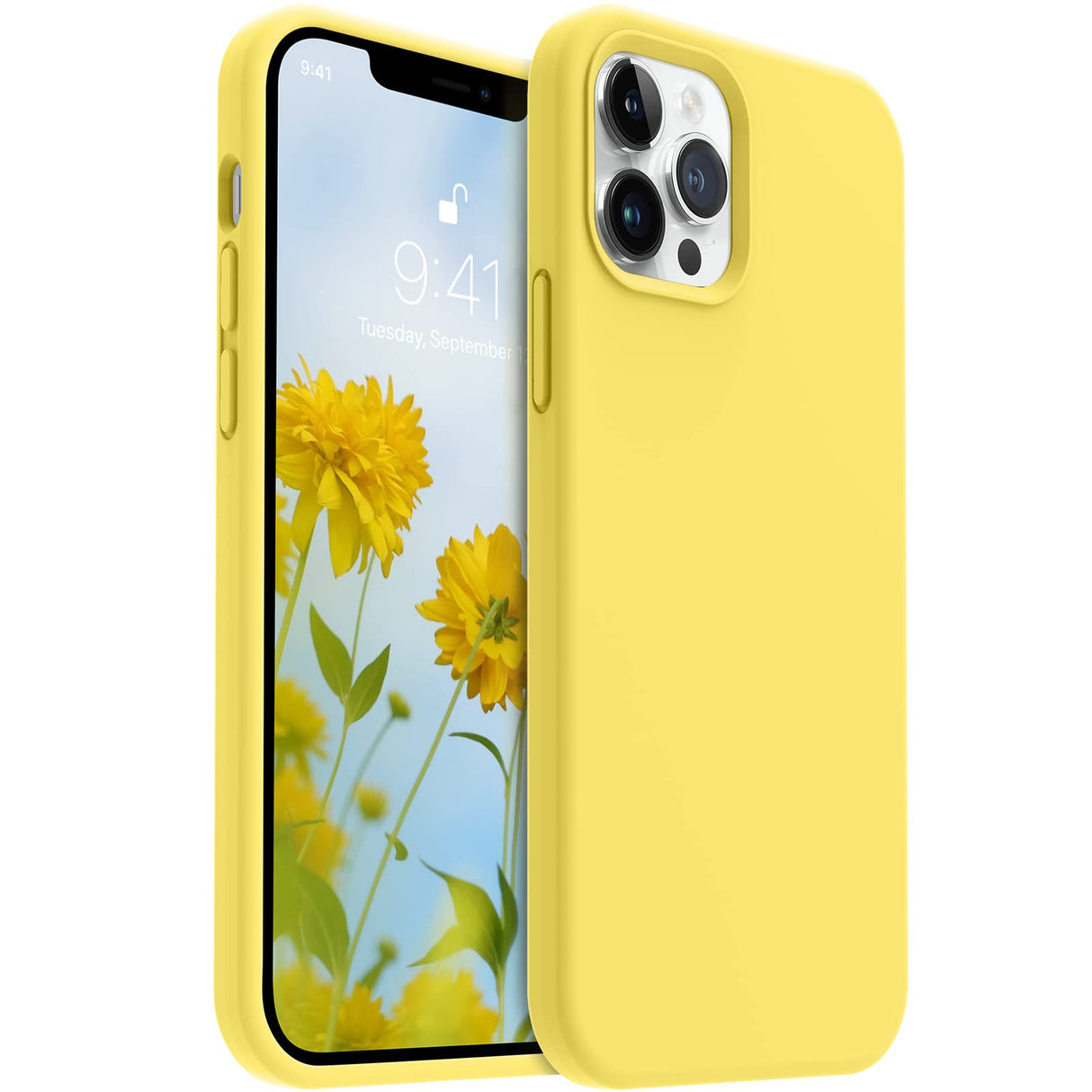 جراب AOTESIER المقاوم للصدمات المصمم لهاتف iPhone 12 Pro Max، جراب هاتف من السيليكون السائل مع [بطانة ناعمة من الألياف الدقيقة المضادة للخدش] حماية كاملة من السقوط 6.7 بوصة، غطاء رفيع رفيع، أصفر متوهج