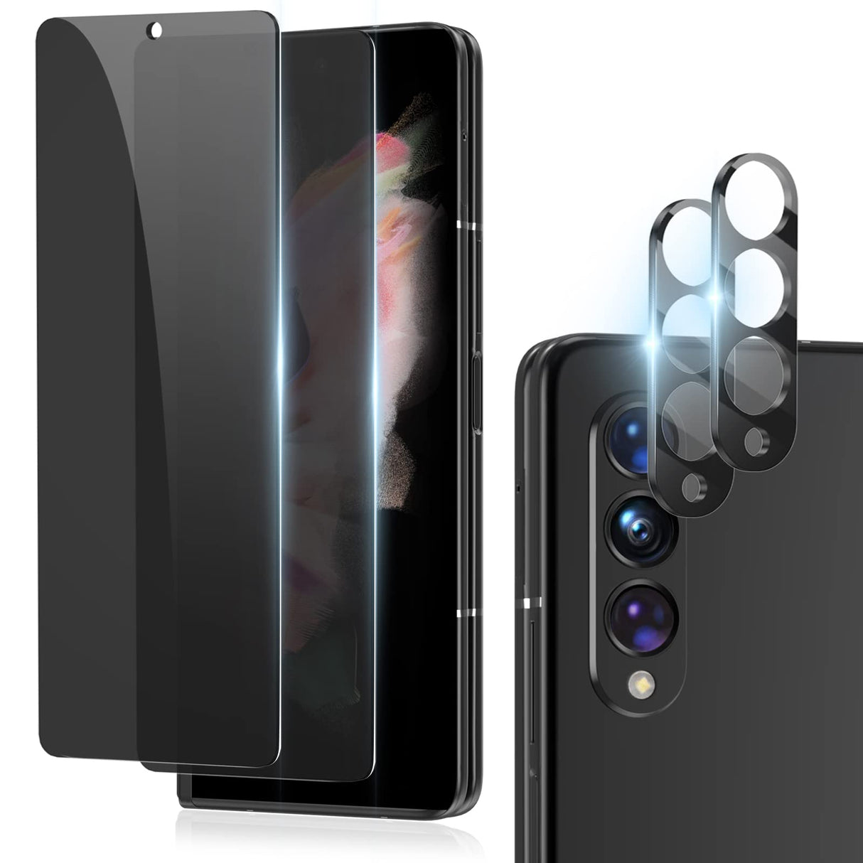 YWXTW [عبوة من قطعتين] ترقية لشاشة الخصوصية لهاتف Samsung Galaxy Z Fold 3 5G وواقي عدسة الكاميرا [مضاد للتجسس] [واقي زجاجي مقوى] مضاد للخدش وخالٍ من الفقاعات