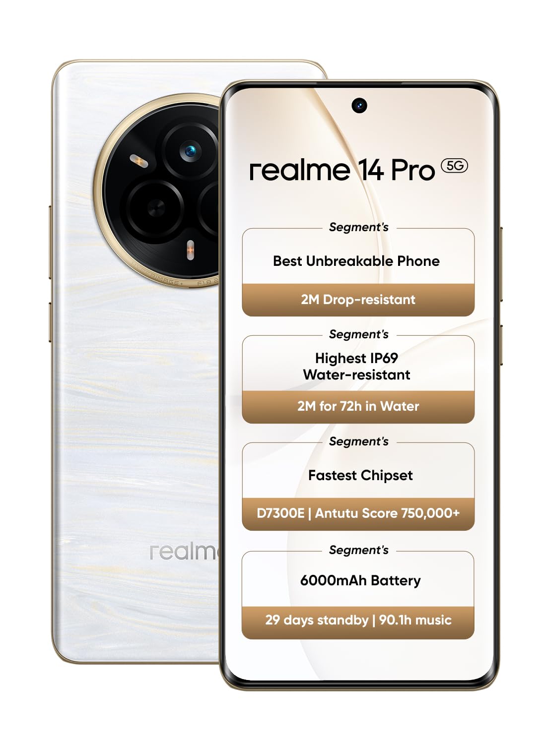 Realme 14 Pro 5G Smartphone | 12GB RAM 256GB ROM | 6.77" 120Hz OLED | 50MP OIS Camera | 6000mAh | Android 15 | IP69 Waterproof | Dual SIM | 12M Warranty | Middle East Version (Pearl White)