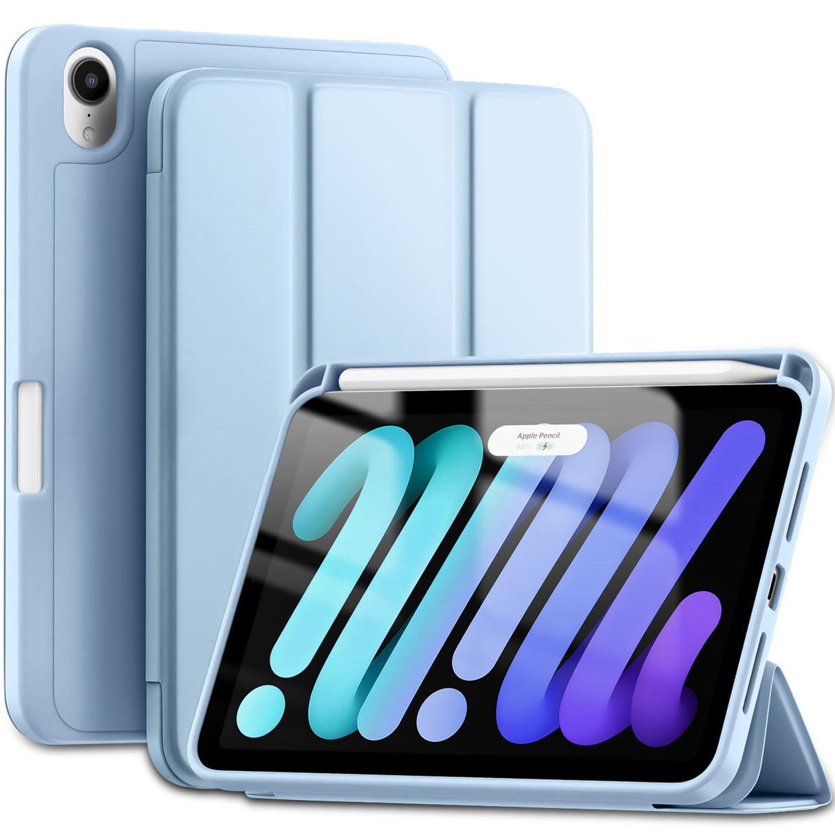 جراب Wenlaty لجهاز iPad Mini 7 2024 (A17 Pro)، جراب لجهاز iPad Mini 7/6 من الجيل 8.3 بوصة 2024/2021 مع حامل قلم رصاص، غطاء رفيع قابل للطي مع ظهر ناعم من مادة TPU، غطاء للنوم/التنشيط التلقائي، أزرق سماوي