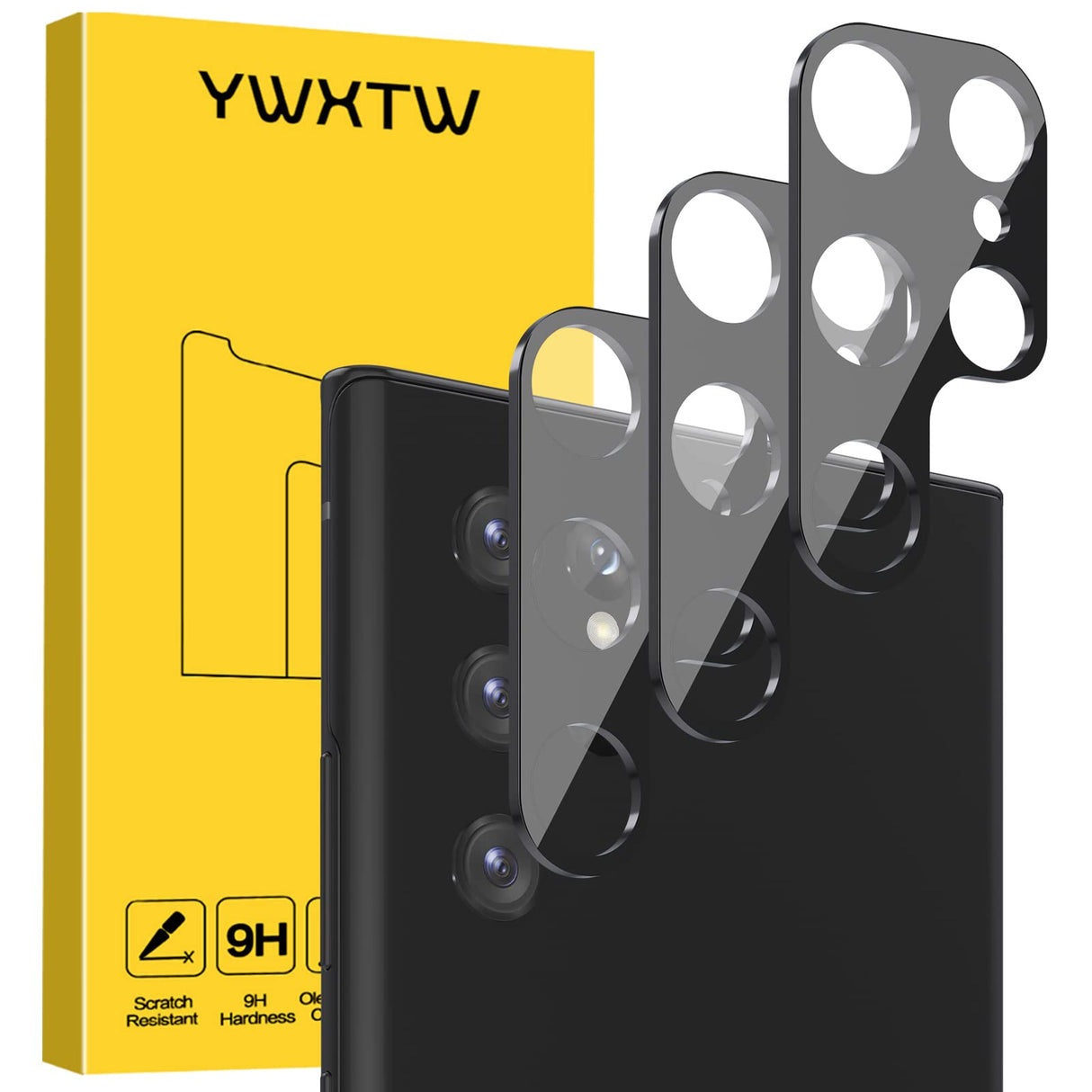 واقي عدسة الكاميرا YWXTW مصمم لهاتف Samsung Galaxy S22 Ultra، زجاج مقوى 9H، مضاد للخدش، رفيع للغاية، واقي كاميرا مطور لهاتف Galaxy S22 Ultra مقاس 6.8 بوصة، عبوة من 3 قطع (أسود)