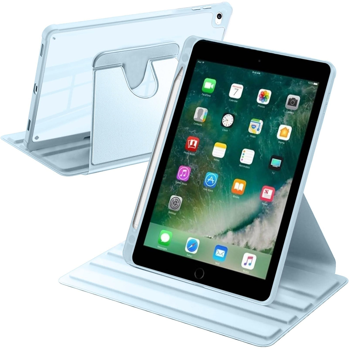 حافظة A-BEAUTY الدوارة متوافقة مع iPad 9.7 بوصة (الجيل السادس/الخامس 2018/2017) / iPad Air 2/Air 1، مع حامل قلم، غطاء خلفي شفاف مقاوم للصدمات، خاصية الإيقاظ/السكون التلقائي، أزرق سماوي