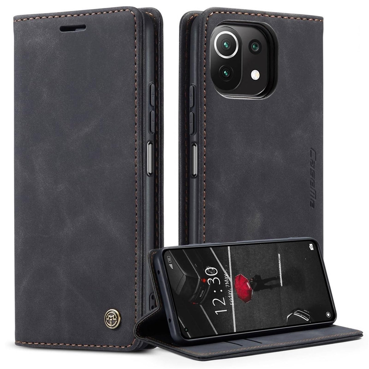 جراب محفظة جلدي بتصميم بسيط وشفط تلقائي من UniqCase لهاتف Xiaomi Mi 11 Lite 4G / 5G / 11 Lite 5G NE - أسود