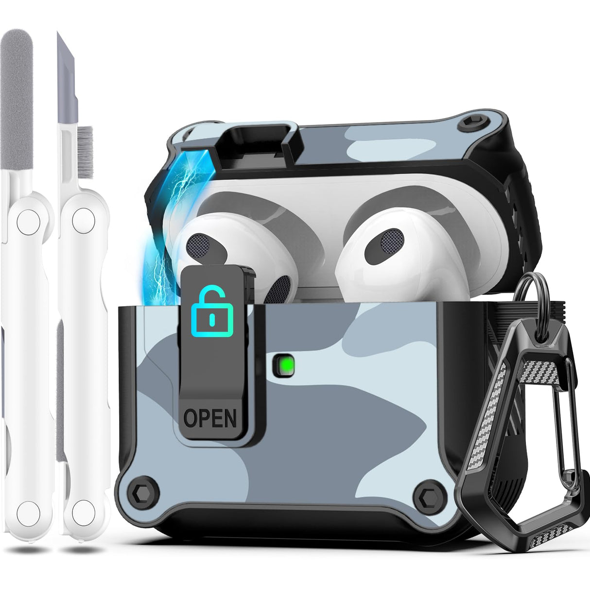 غطاء علبة شحن R-fun لسماعات AirPods من الجيل الثالث 2021، حماية كاملة من السقوط، تصميم غطاء منبثق تلقائيًا لسماعات Apple Airpod من الجيل الثالث مع مجموعة تنظيف وسلسلة مفاتيح، لون رمادي فاتح مموه