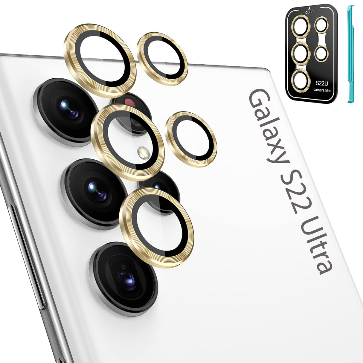 واقي عدسة كاميرا Tensea [3+2 قطعة] لهاتف Samsung Galaxy S22 Ultra، غطاء كاميرا من الزجاج المقوى 9H، واقي شاشة بحلقة معدنية فردية لهاتف S22 Ultra 5G 2022 [صينية التثبيت] [أداة الإزالة] - ذهبي