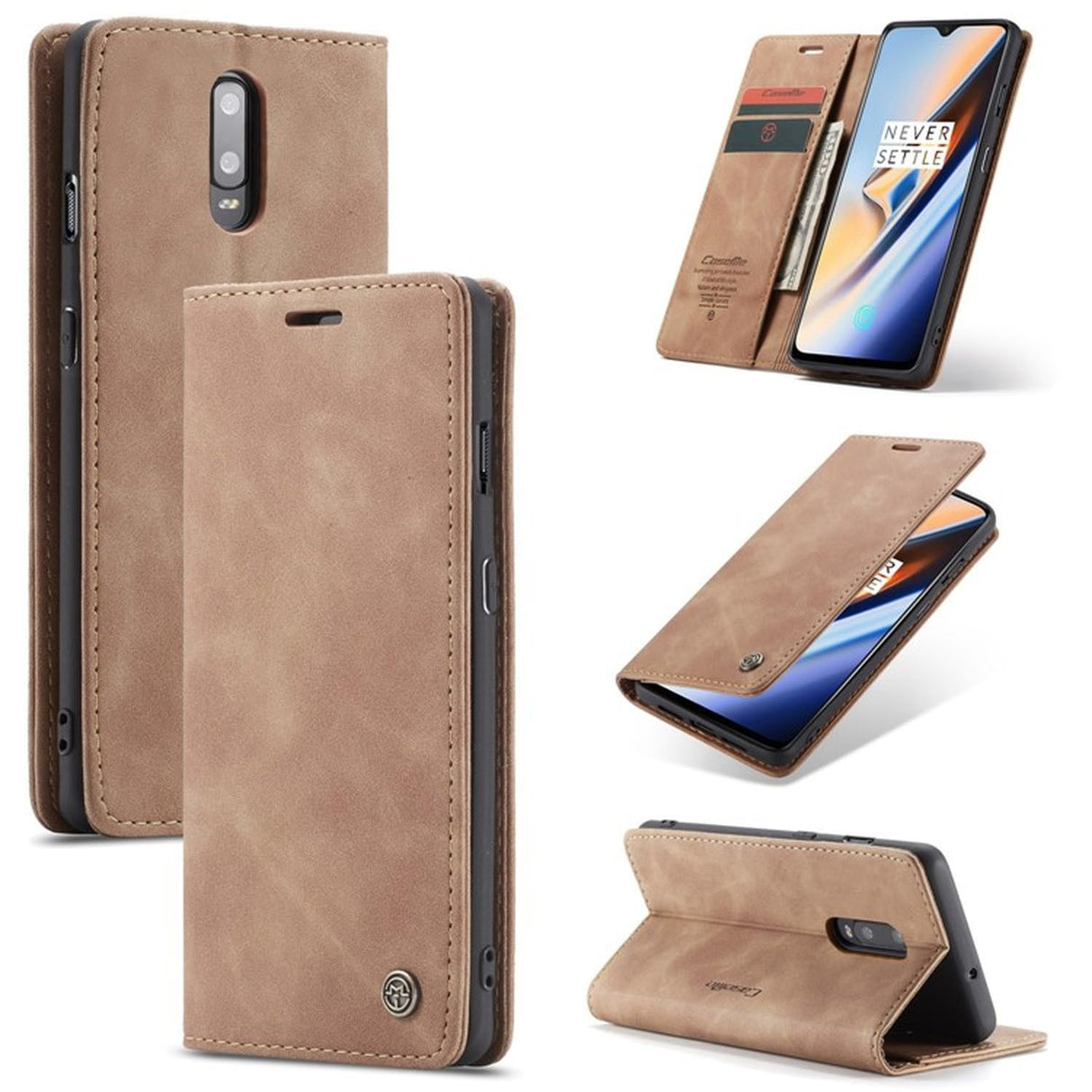 UniqCase Auto-absorbed Leather Flip Wallet Case For OnePlus 7 - Brown