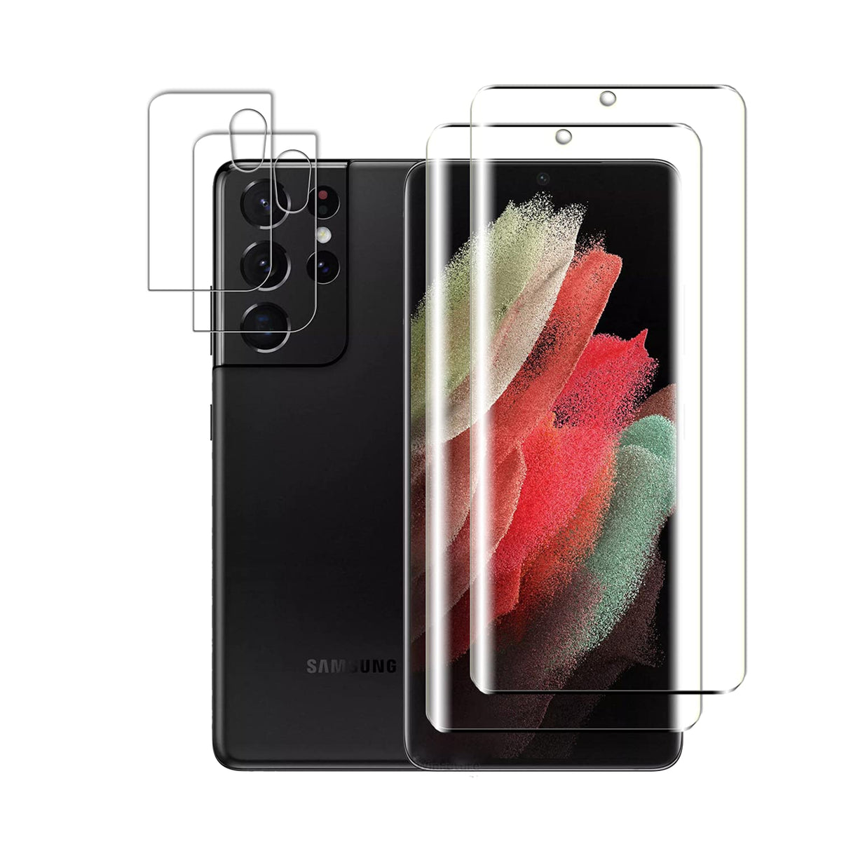 Vuciya [عبوة من 2 + 2] واقي شاشة من الزجاج المقوى لهاتف Samsung Galaxy S21 Ultra 5G، عبوة من 2 واقي لعدسة الكاميرا، تغطية كاملة صلابة 9H عالية الدقة مضادة للخدش والكسر، من أجل