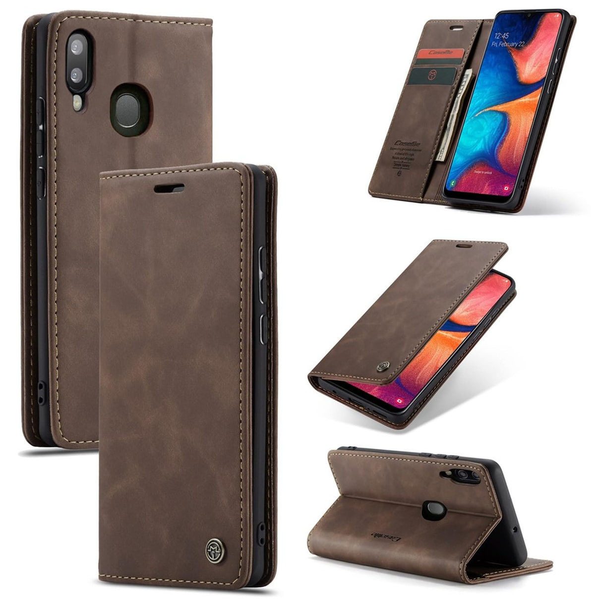 جراب محفظة جلدي من UniqCase، قابل للامتصاص تلقائيًا، لهاتف Samsung Galaxy A30 / A20 - لون بني