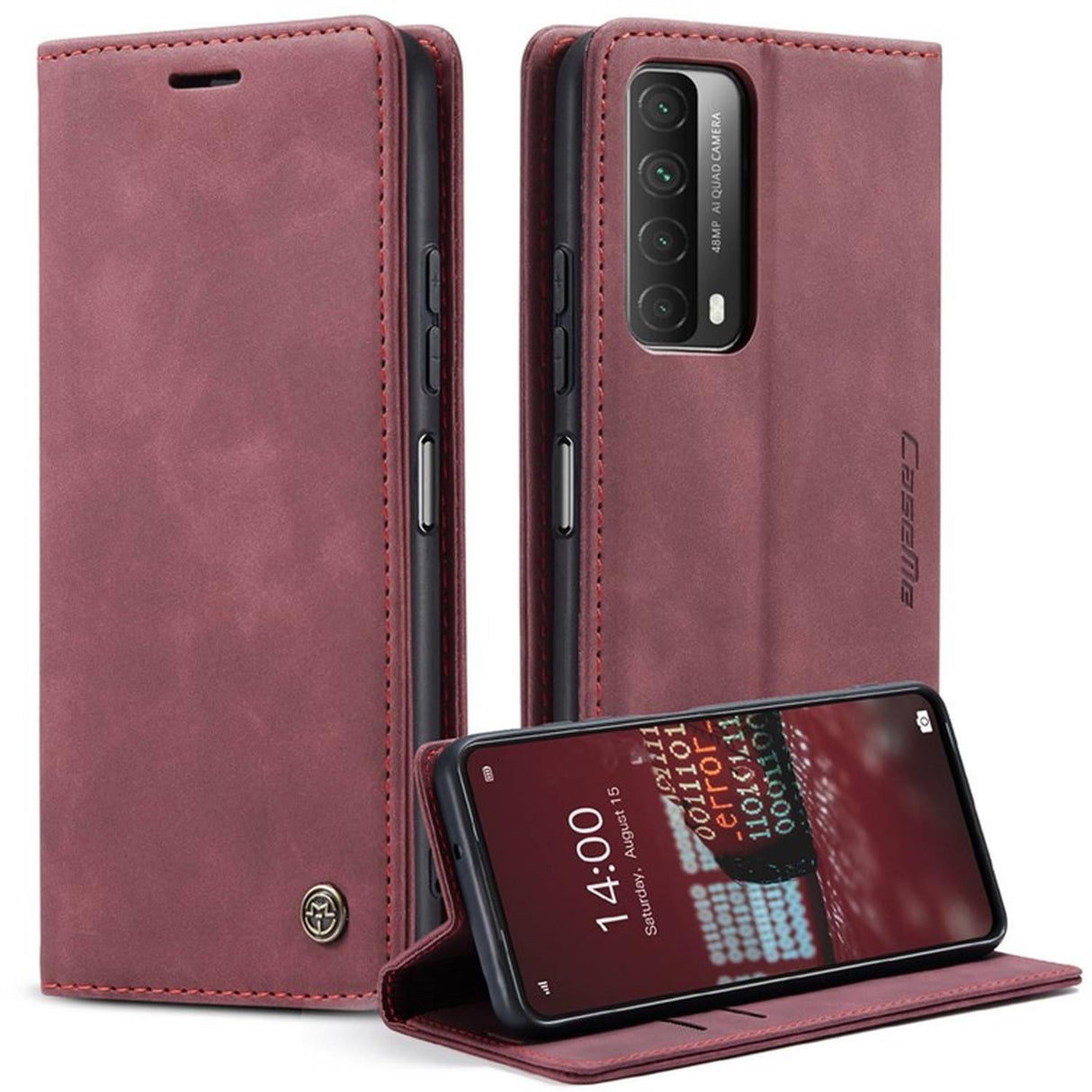 جراب محفظة جلدي من UniqCase قابل للامتصاص التلقائي لهاتف Huawei P Smart 2021 / Y7a - أحمر
