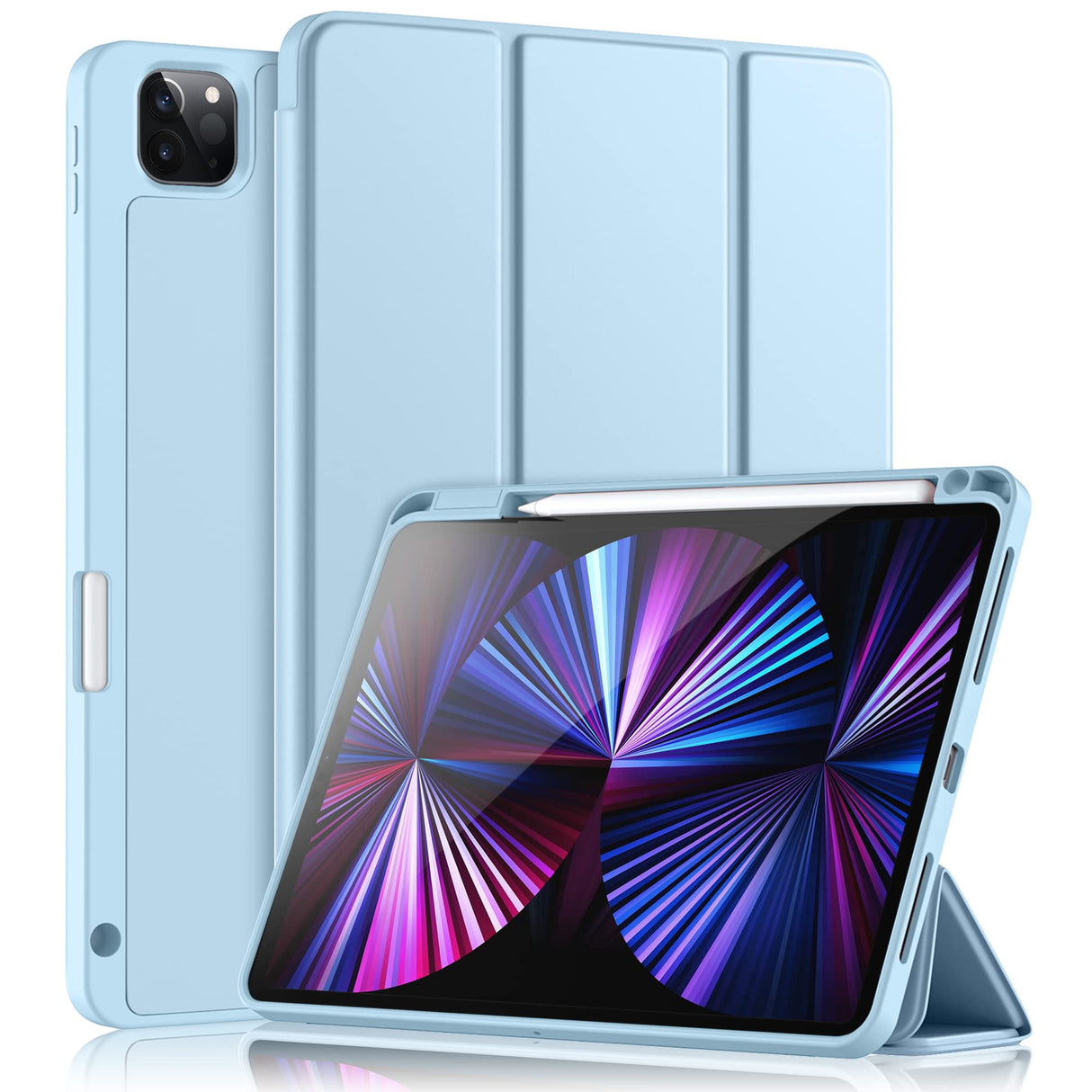 جراب Wenlaty متوافق مع iPad Pro 11 Case 2021/2020 مع حامل قلم، لجهاز iPad Pro 11 بوصة الجيل الثالث/الثاني، جراب واقٍ ثلاثي الطي مع ظهر ناعم من مادة TPU، إيقاظ/سكون تلقائي، أزرق سماوي