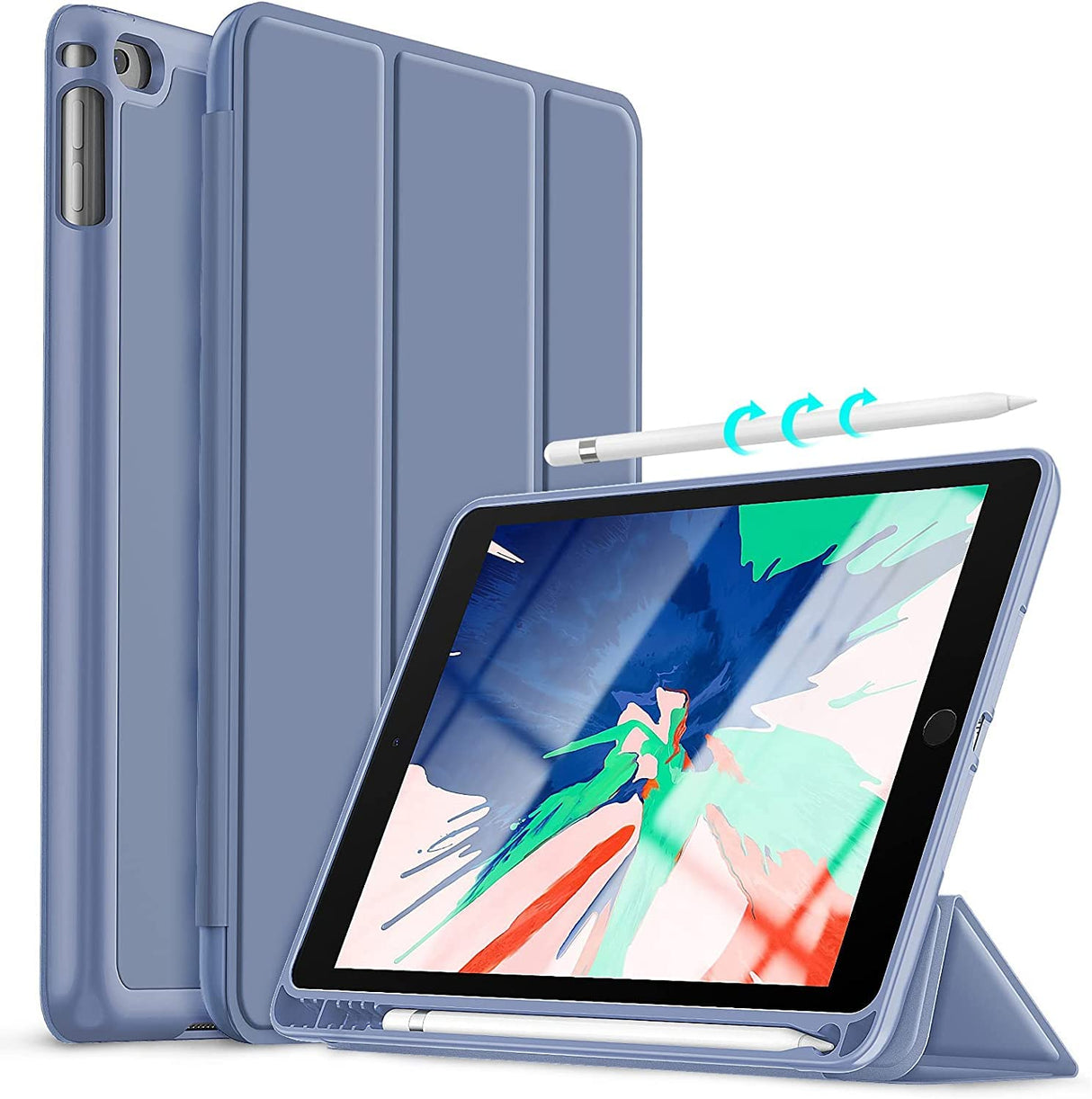 حافظة أقلام Vultic ثلاثية الطي لجهاز iPad Air (2013) / Air 2 (2014) / 9.7 بوصة [الجيل الخامس/السادس 2017/2018]، حامل مغناطيسي ذكي ناعم [وضع السكون/التنشيط التلقائي] غطاء خلفي من السيليكون (أزرق داكن)