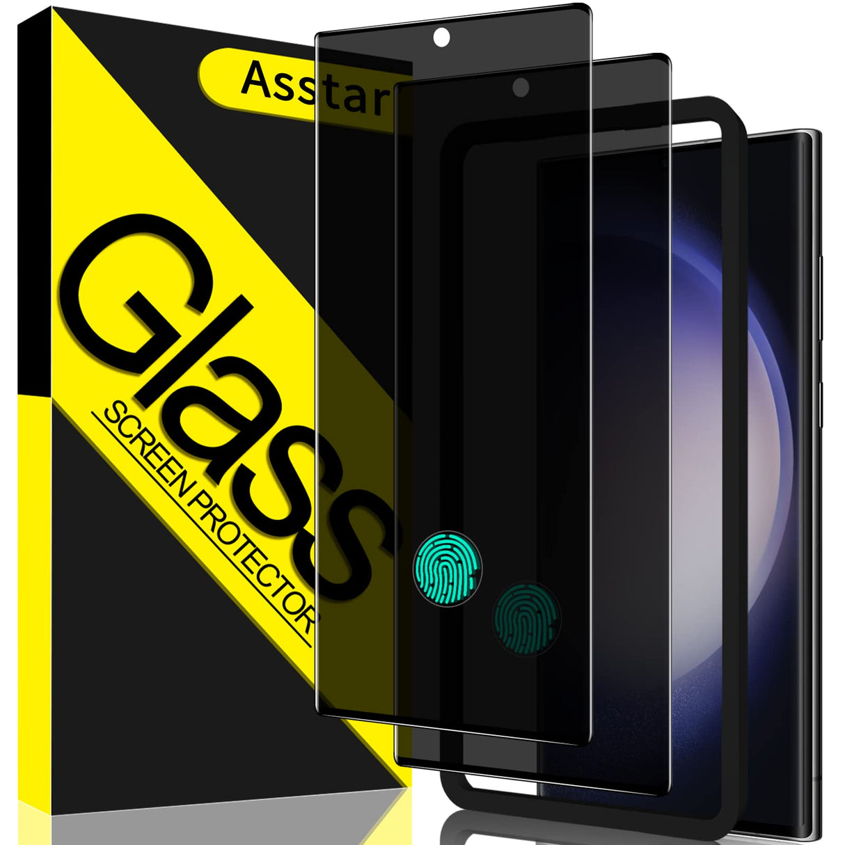 Asstar [عبوة من قطعتين من واقي شاشة الخصوصية لهاتف Samsung Galaxy S23 Ultra، واقي شاشة يدعم فتح بصمة الإصبع، واقي شاشة من الزجاج المقوى 9H