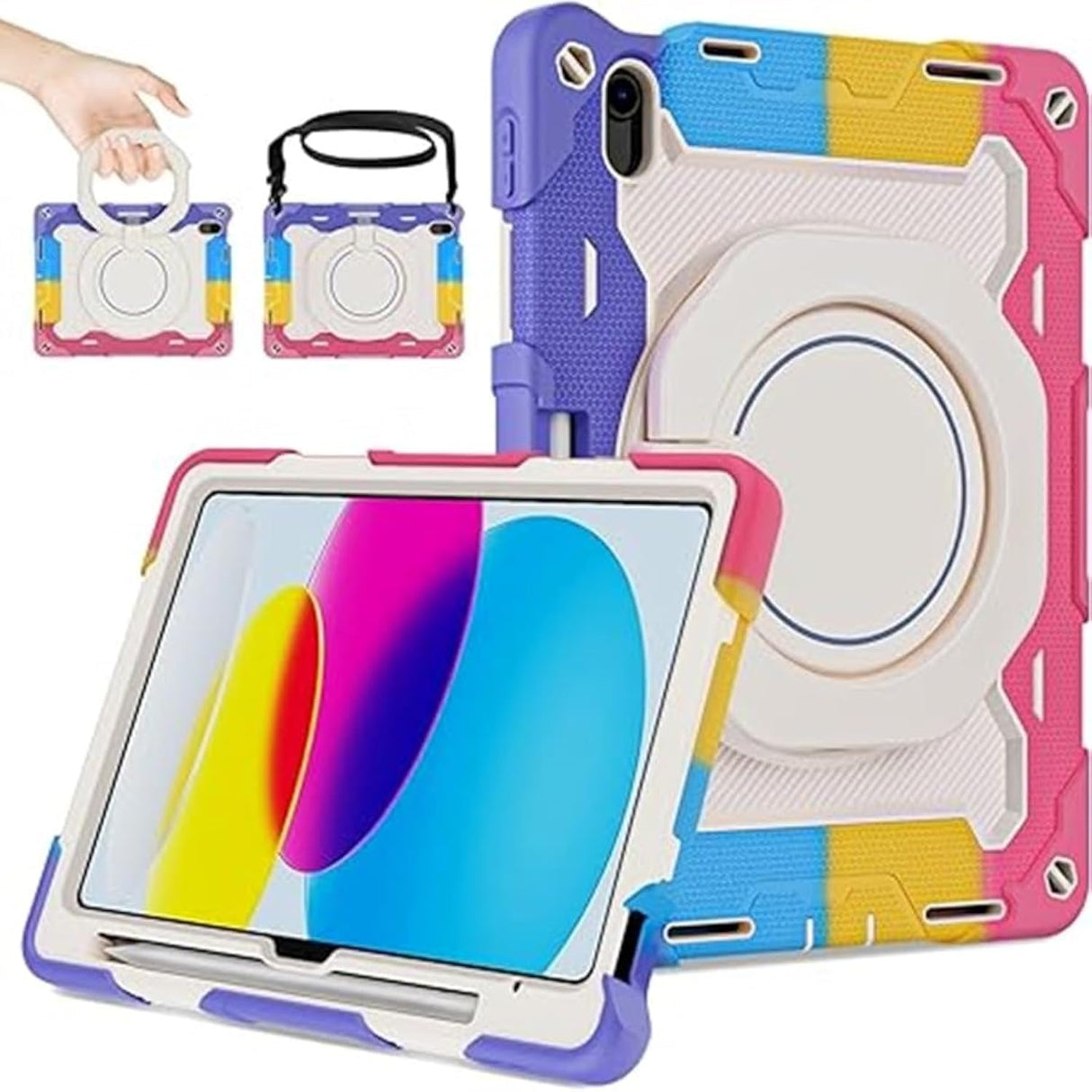 حافظة YIMICO لجهاز iPad الجيل العاشر 2022 للأطفال والأولاد، مع حامل قلم رصاص، غطاء واقٍ متين مقاوم للصدمات مع حامل 360 (وردي قوس قزح، iPad 10 2022 10.9 بوصة)