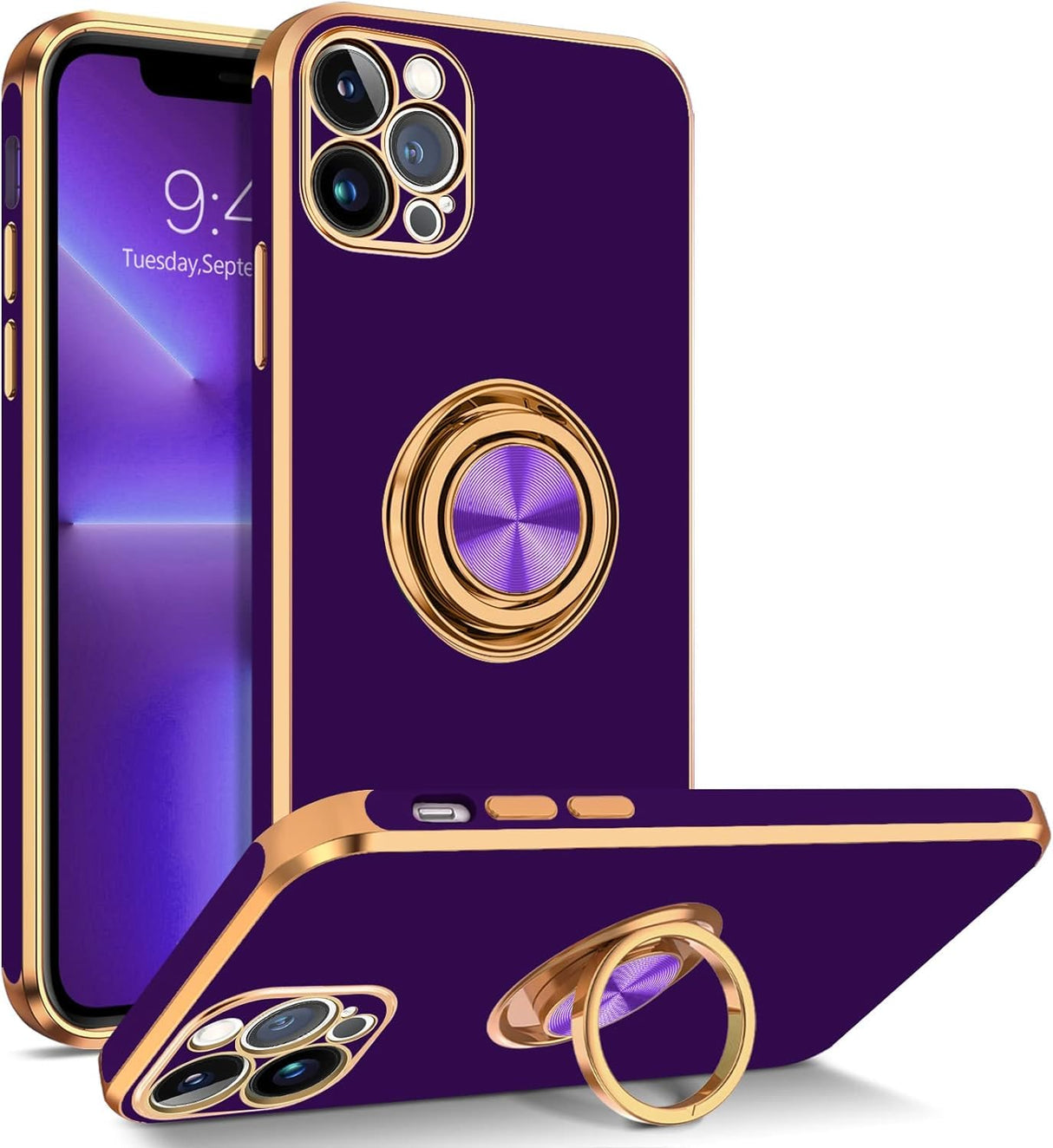 جراب AWH لهاتف iPhone 13 Pro، جراب هاتف iPhone 13 Pro، جراب رفيع دوار 360 درجة مع حامل مغناطيسي للسيارة، جراب واقٍ غير قابل للانزلاق للفتيات والأولاد والنساء والرجال لهاتف iPhone 13 Pro (أرجواني)