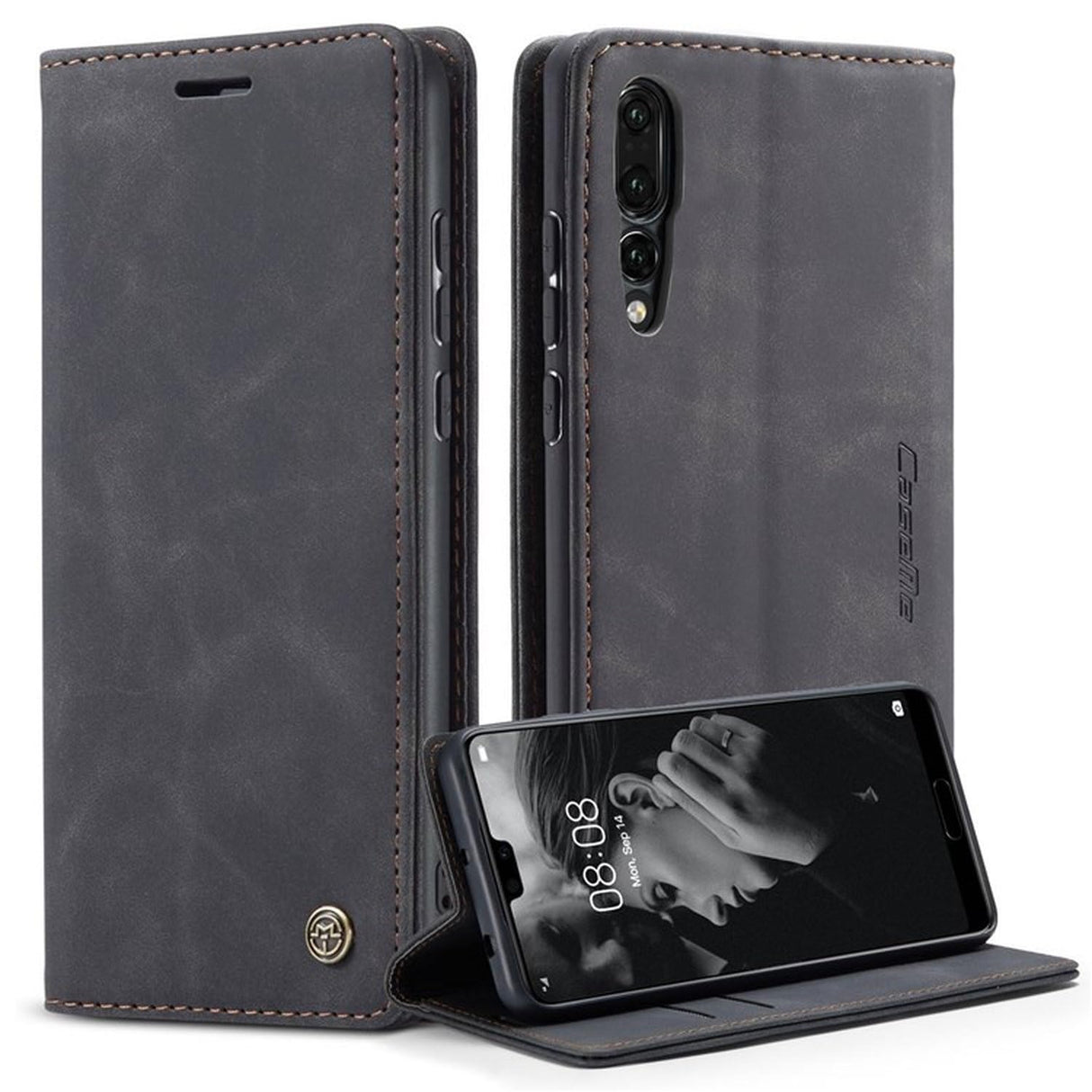 UniqCase لهاتف Huawei P20 Pro غطاء هاتف مضاد للخدش مغناطيسي يمتص تلقائيًا من جلد البولي يوريثان محفظة قابلة للطي حافظة هاتف ذكي - أسود