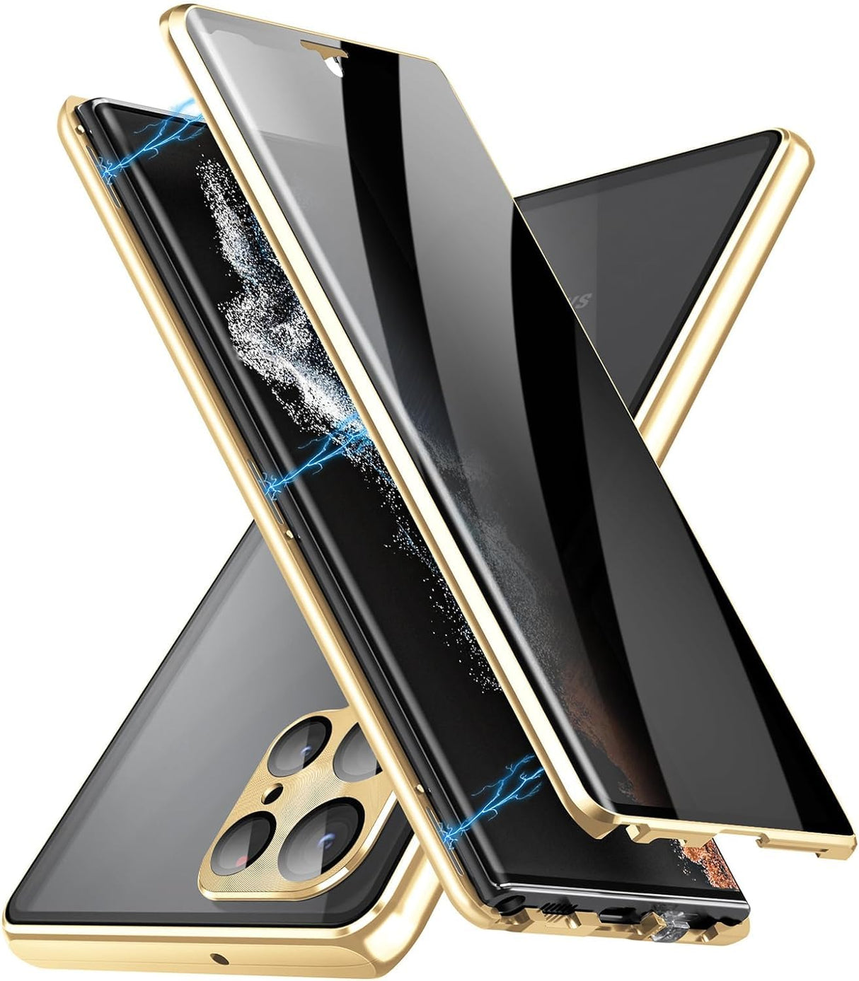 جراب مغناطيسي للخصوصية من AWH لهاتف S24 Ultra - جراب زجاجي مزدوج الجوانب مضاد للتجسس مع قفل أمان لحماية العدسة، يدعم الشحن اللاسلكي جراب سري لهاتف S24 Ultra (ذهبي)