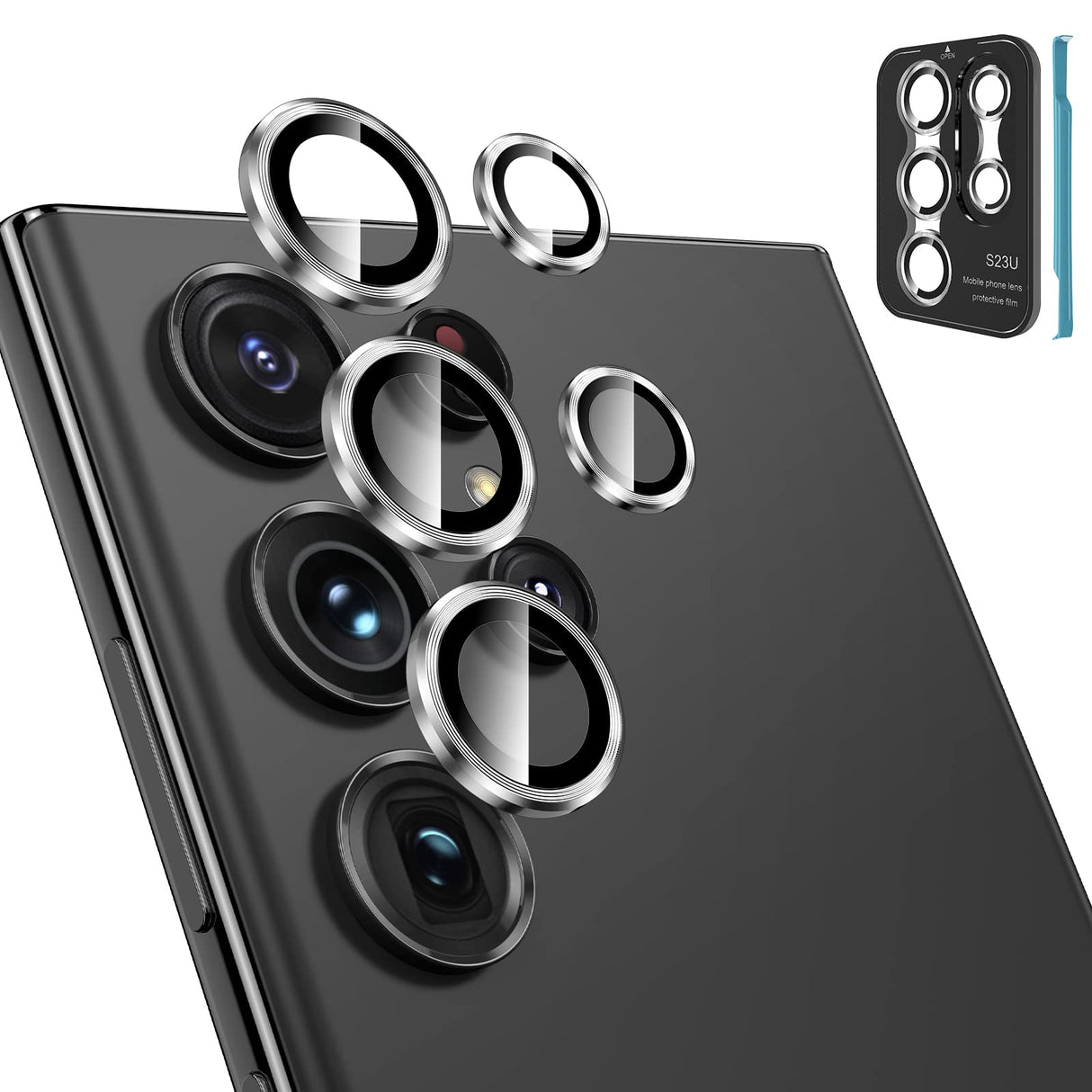 Tensea (3+2PCS for Samsung Galaxy S23 Ultra 5G Camera Lens Protector, 9H Tempered Glass Camera Cover Screen Protector Metal Individual Ring [Installation Tray][Removal tool][Case Friendly]- Silver