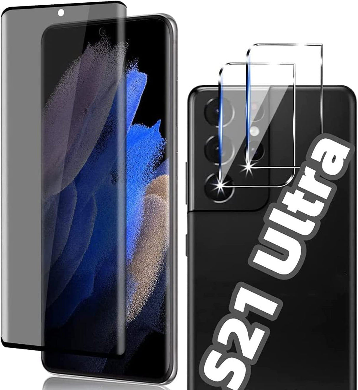 [عبوة من 1+2] واقي شاشة Galaxy S21 Ultra من الزجاج المقوى، مع واقي عدسة الكاميرا من عبوتين، [حماية الخصوصية]، [صلابة 9H]، [بدون فقاعات] [منحني ثلاثي الأبعاد] لواقي شاشة Samsung Galaxy S21 Ultra