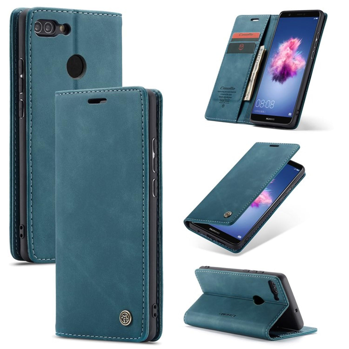 جراب محفظة من الجلد الصناعي من UniqCase مزود بحامل وممتص تلقائيًا لهاتف Huawei P Smart (2017) / Enjoy 7S - أزرق