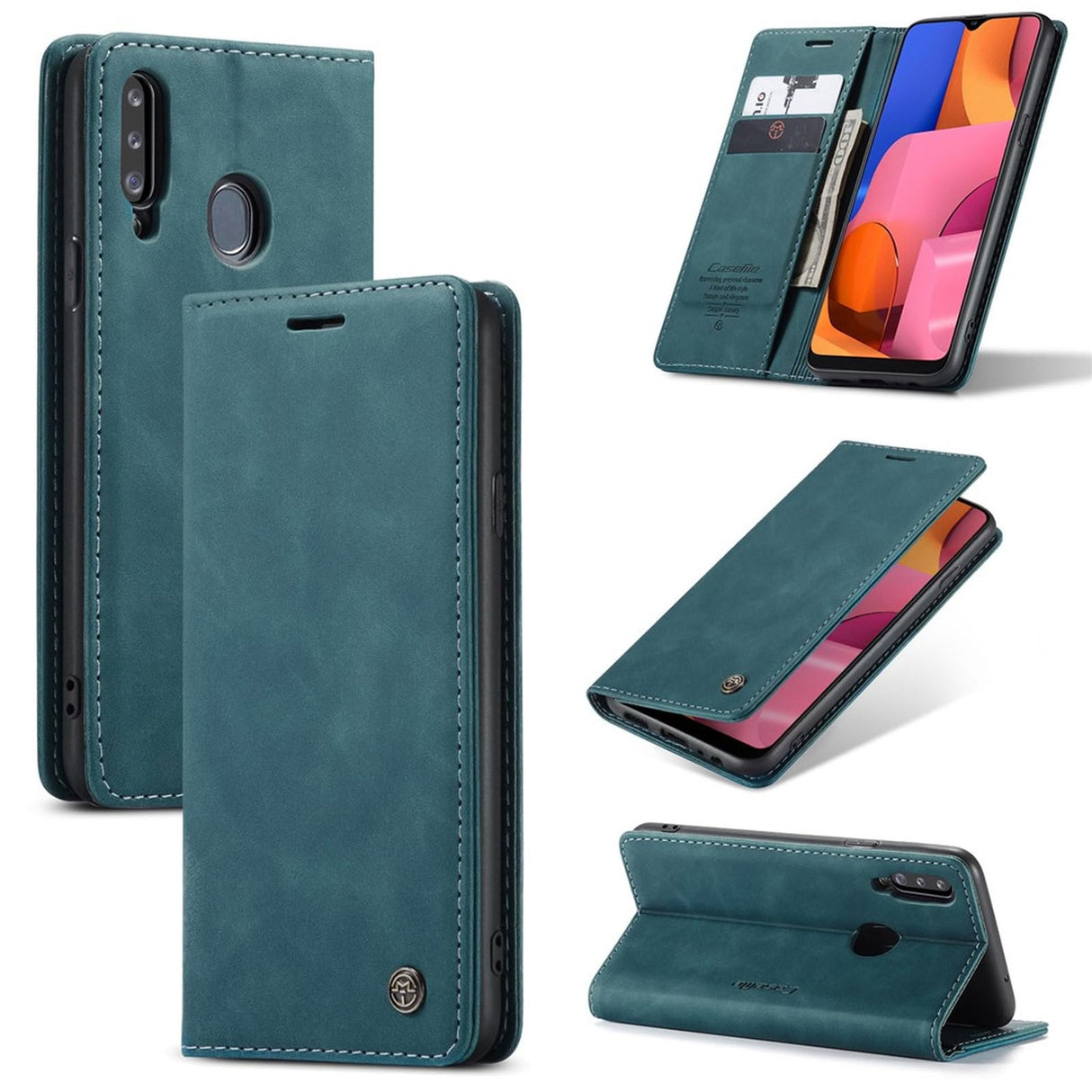 جراب محفظة جلدي من UniqCase مزود بحامل لهاتف Samsung Galaxy A20s - أزرق وأخضر