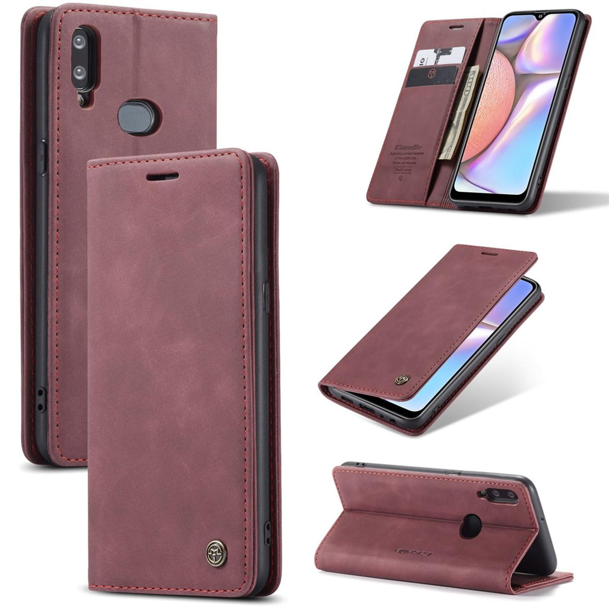 جراب محفظة جلدي من UniqCase مزود بحامل لهاتف Samsung Galaxy A10s - أحمر