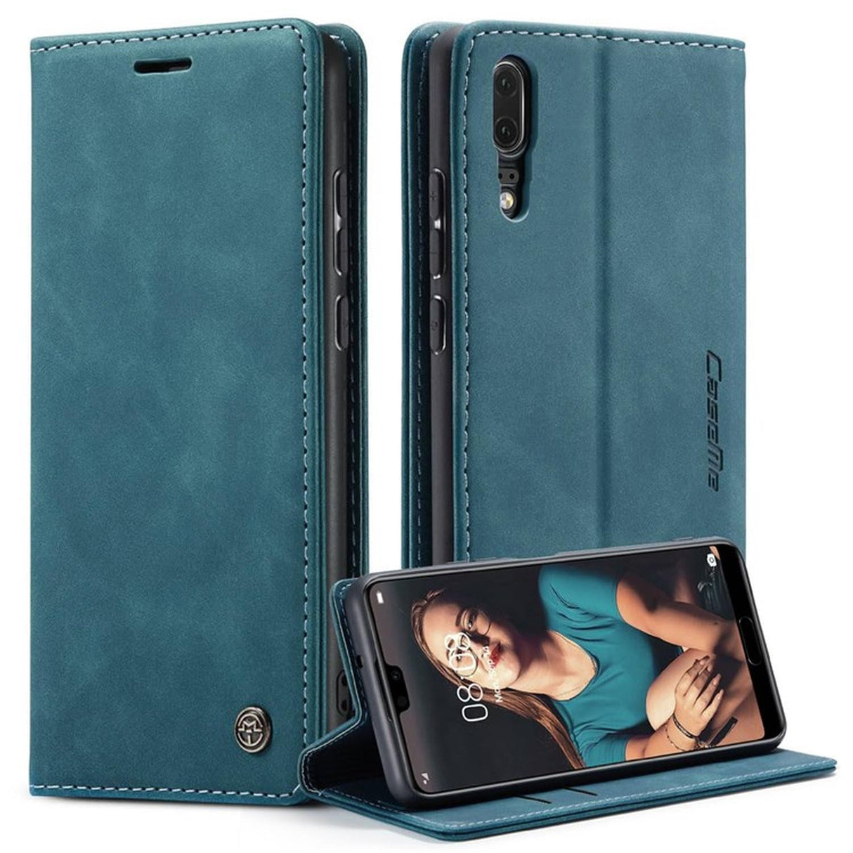 UniqCase لهاتف Huawei P20 غطاء هاتف قابل للطي مع حامل ومحفظة من جلد البولي يوريثان يمتص تلقائيًا - أزرق