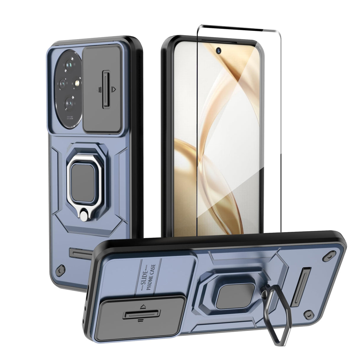 غطاء حماية WRTBS لهاتف Honor 200 5G مع واقي شاشة زجاجي، غطاء حماية مزدوج الطبقات عالي التحمل مقاوم للصدمات بدرجة عسكرية مع حامل حلقي مغناطيسي - أزرق