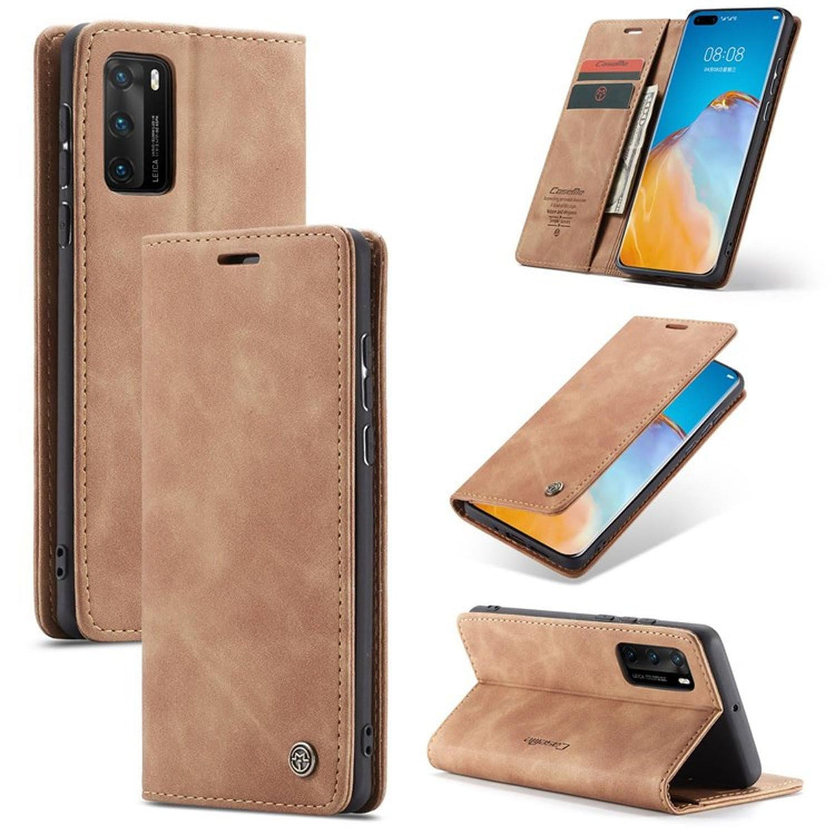 UniqCase لهاتف Huawei P40 جراب هاتف مغناطيسي من جلد البولي يوريثان + حامل محفظة من مادة TPU - بني