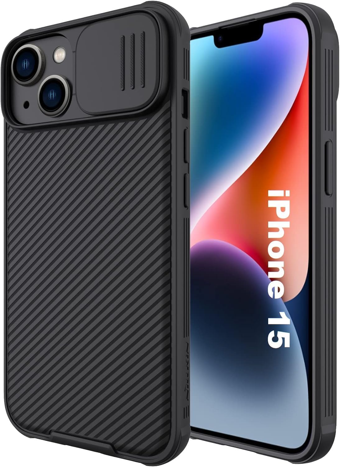 جراب AWH لهاتف iPhone 15 Camshield مع حماية منزلق لعدسة الكاميرا - غطاء خلفي من البولي كربونات وإطار ممتص للصدمات من مادة TPU مضاد لبصمات الأصابع، جراب ناعم الملمس وحساس (أسود)