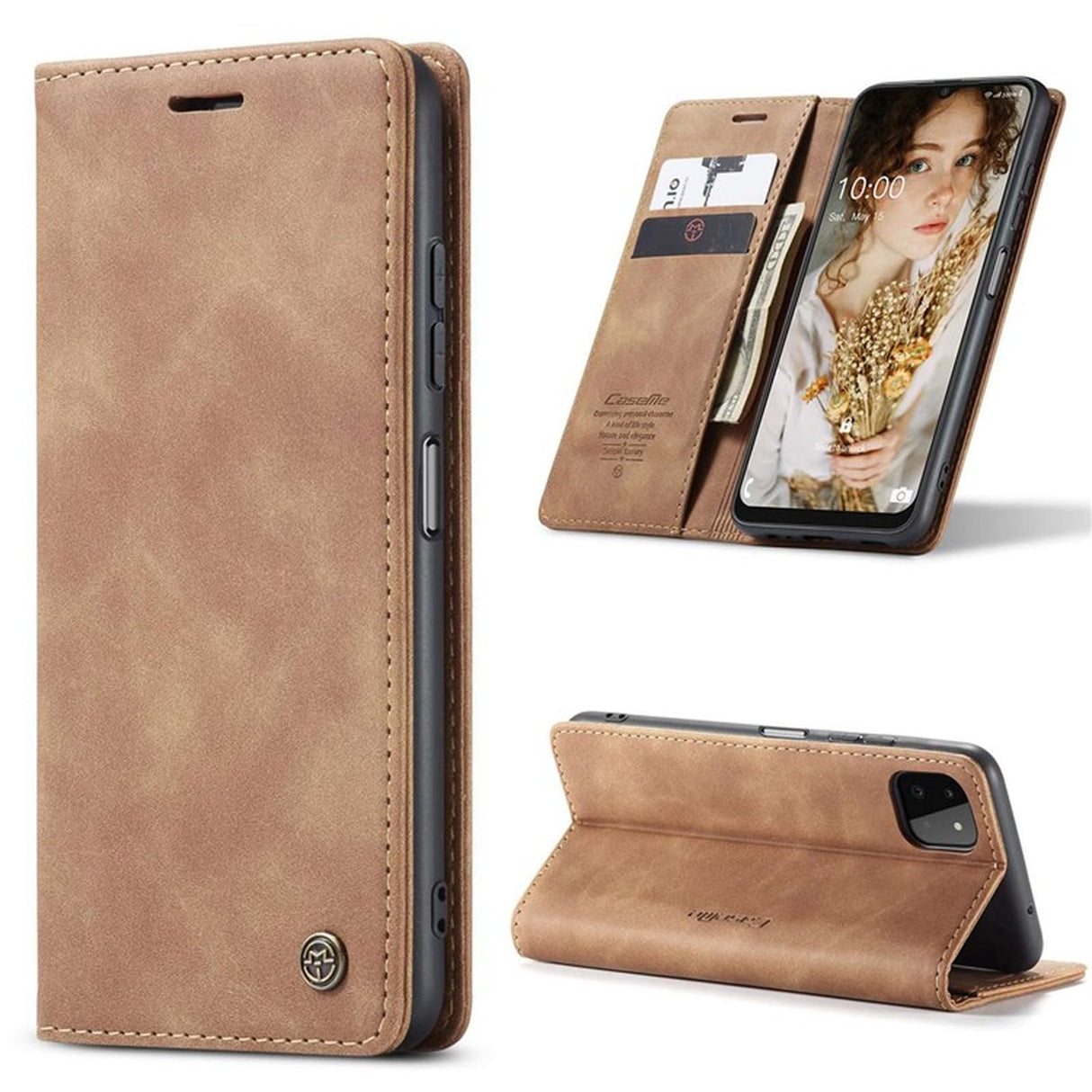 جراب هاتف مقاوم للغبار من UniqCase لهاتف Samsung Galaxy A22 5G (إصدار الاتحاد الأوروبي)، مصنوع من جلد البولي يوريثان الممتص تلقائيًا + محفظة TPU قابلة للطي - بني