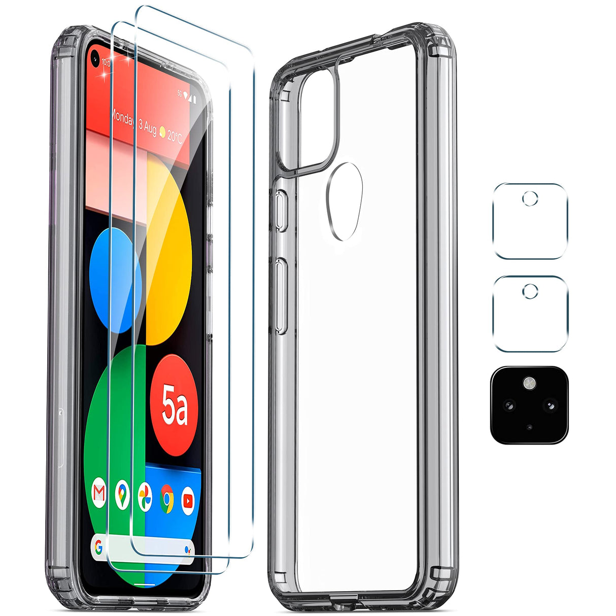 جراب WRJ [5 في 1] مع واقي شاشة [عبوتان] + واقي عدسة الكاميرا [عبوتان] لهاتف Google Pixel 5A، زجاج مقسّى مضاد للخدش وPC صلب + إطار مرن من مادة TPU (أسود)