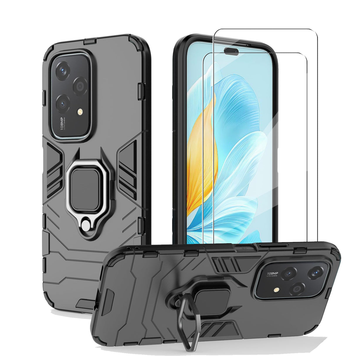 غطاء حماية WRTBS لهاتف Honor 200 Lite 5G مع واقي شاشة زجاجي [عبوة من قطعتين] غطاء حماية عسكري مزدوج الطبقات شديد التحمل ومقاوم للصدمات مع حامل حلقي مغناطيسي - Back-A