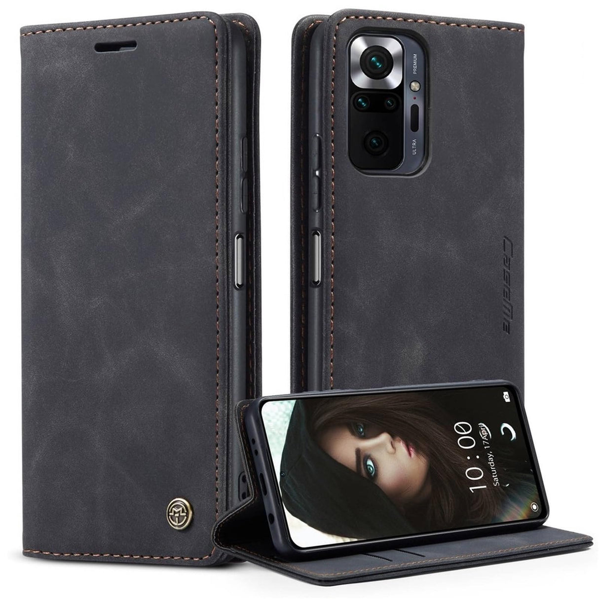 جراب محفظة جلدي بتصميم موجز مع خاصية الشفط التلقائي لهاتف شاومي ريدمي نوت 10 برو 4G (الهند)/(العالم)/نوت 10 برو ماكس - أسود