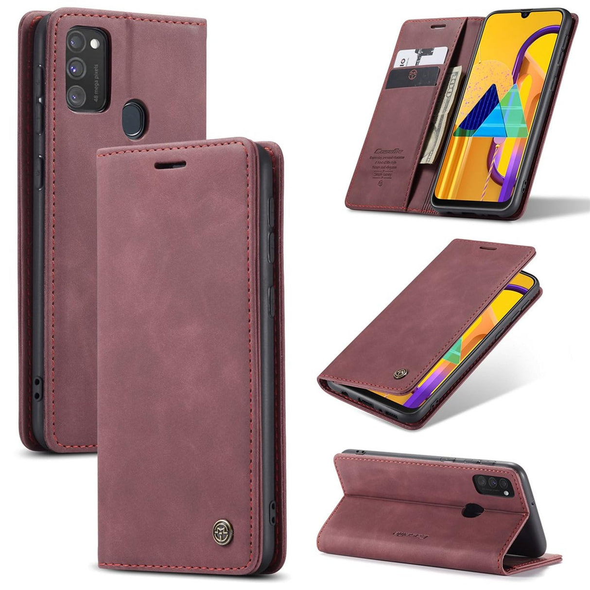 UniqCase جلد ممتص تلقائيًا مع غلاف محفظة لهاتف Samsung Galaxy M30s/M21 - أحمر