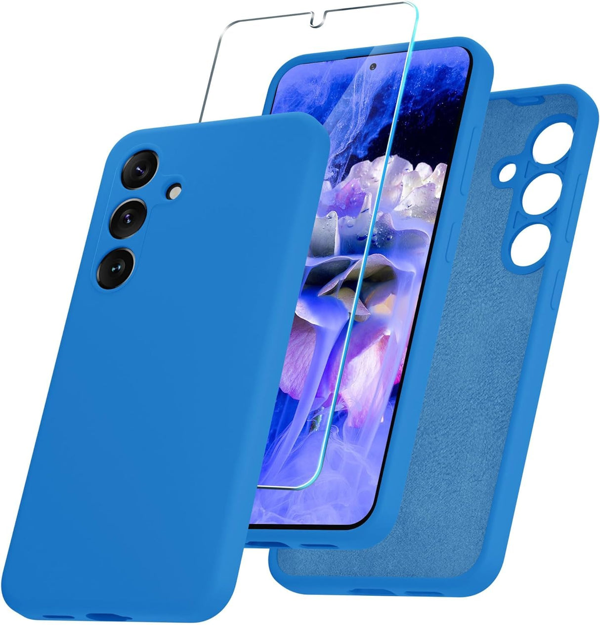 AWH Samsung Galaxy S24 Case - Silicone Phone Case with 1 Screen Protector - Soft Anti-Scratch Microfiber Lining, Full Body Shockproof Slim Cover Support Wireless Charging (Blue)