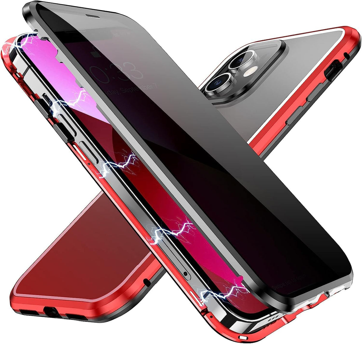 جراب مغناطيسي للخصوصية من AWH لهاتف iPhone 14 Pro - غطاء امتصاص مغناطيسي مزدوج الجوانب مع واقي شاشة مضاد للتجسس وعدسة كاميرا واقٍ كامل للجسم لهاتف iPhone 14 Pro (أسود-أحمر)