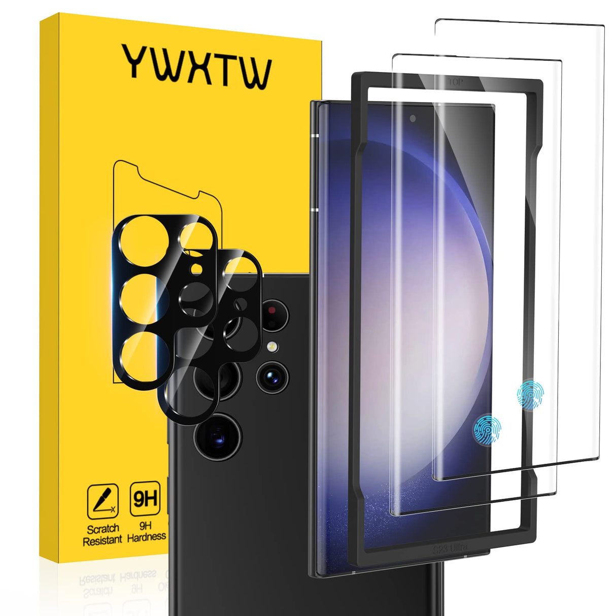 YWXTW [فتح بصمة الإصبع متوافق مع واقي شاشة Samsung Galaxy S23 Ultra المصنوع من الزجاج المقوى + واقي عدسة كاميرا S23 Ultra، [صينية التثبيت] جراب مضاد للخدش، عبوة من 2 + 2