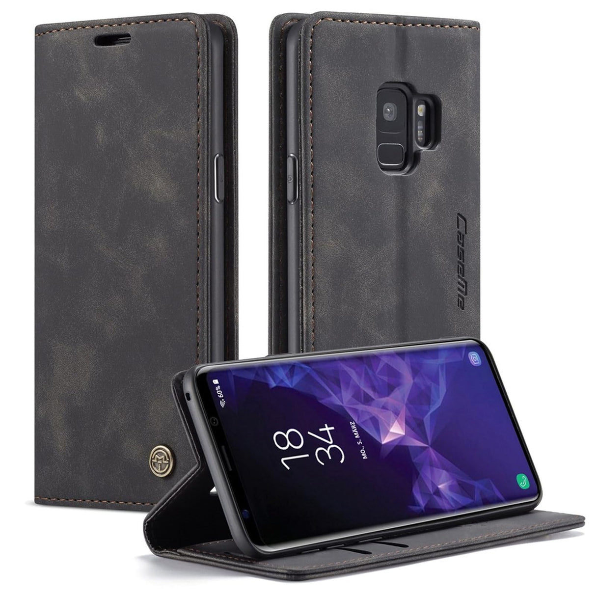 جراب محفظة جلدي من UniqCase مزود بحامل وممتص تلقائيًا لهاتف Samsung Galaxy S9 G960 - أسود