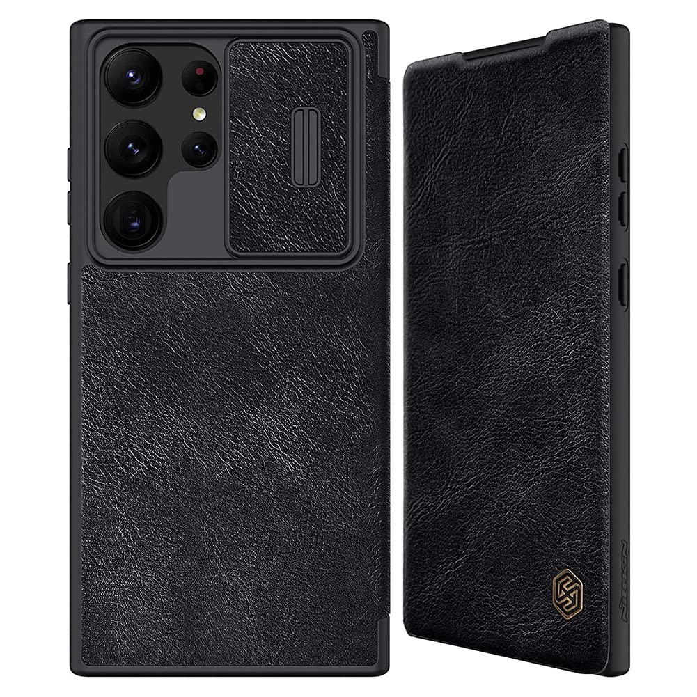 جراب محفظة AWH Nillkin Basic مع غطاء للكاميرا وحامل للبطاقات، جراب من جلد البولي يوريثان مع غطاء قلاب لحماية الكاميرا المنزلقة لسلسلة Galaxy S23، أسود (جراب S23 Ultra Qin/Flip/Book)
