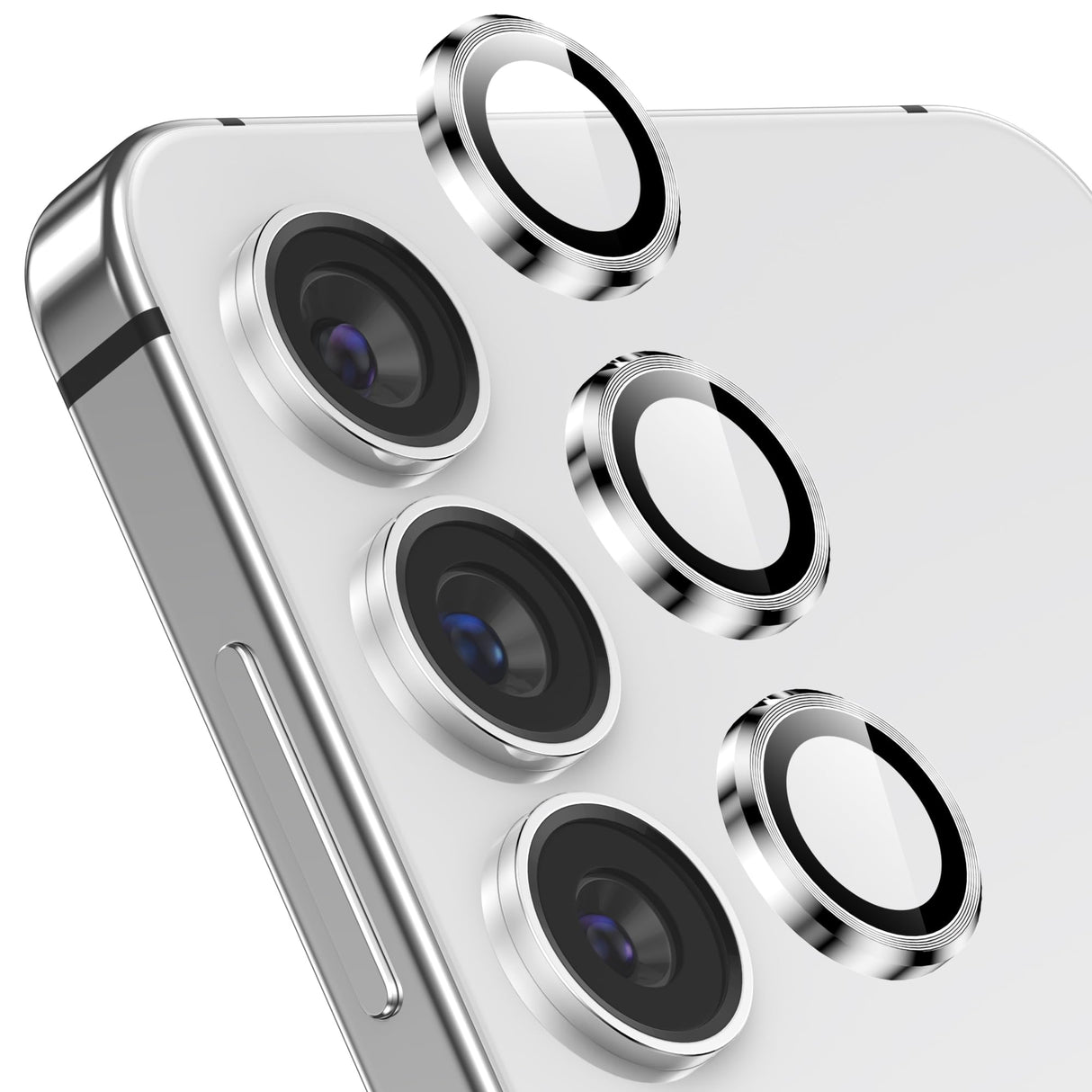 واقي عدسة الكاميرا YWXTW لهاتف Samsung Galaxy S24 / S23 / S23 Plus، [ليس لهاتف S24 Plus] واقي شاشة كاميرا فردي من الزجاج المقوى 9H مع حلقات معدنية لملحقات S24 (فضي)