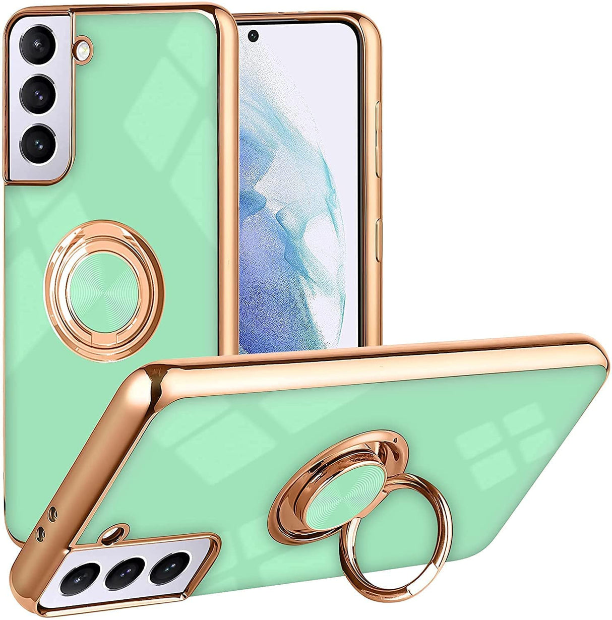 غطاء حماية فاخر من السيليكون TPU مع حامل حلقي ومطلي بحامل مصمم لهاتف Samsung Galaxy S22 Plus، (أخضر فاتح)